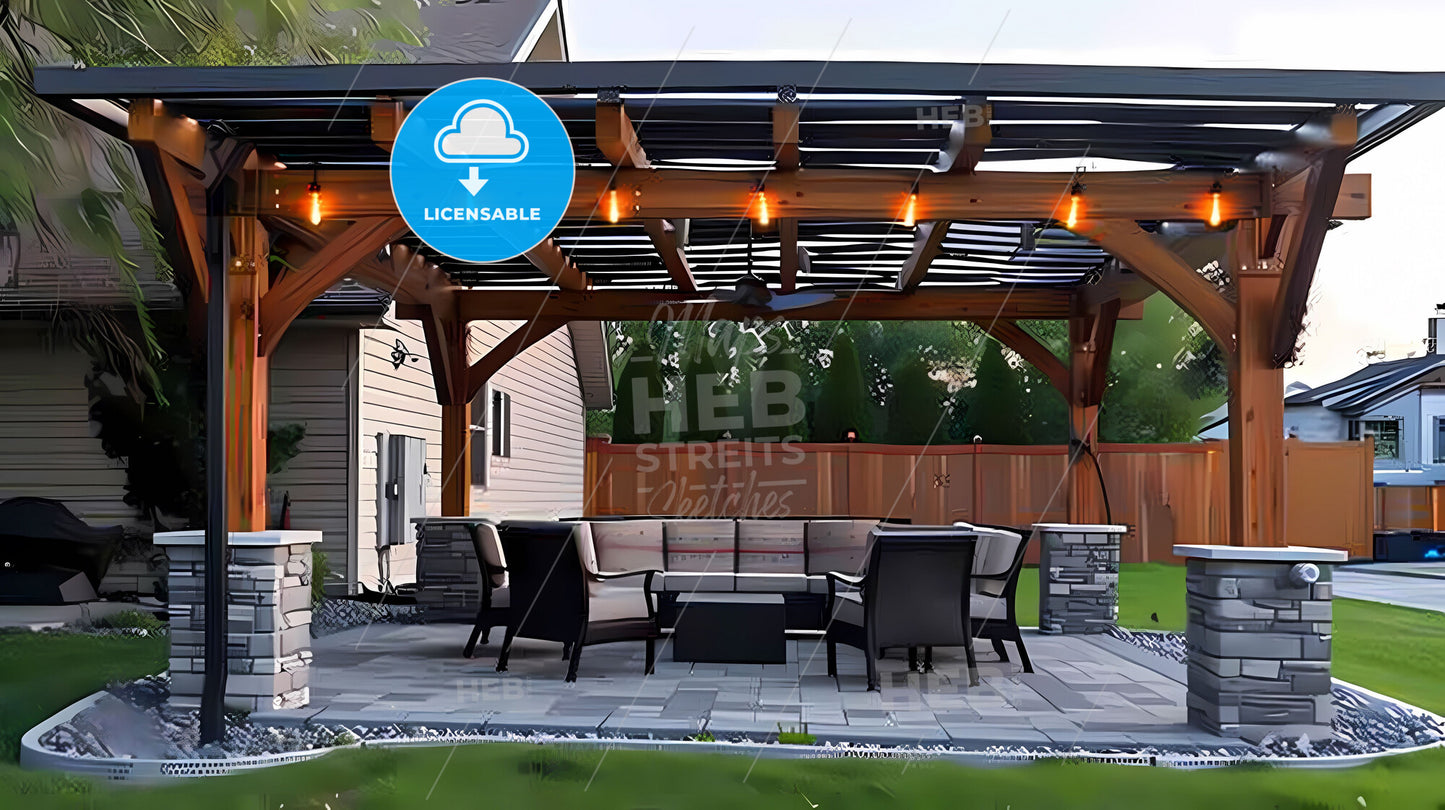 Vibrant Metal-and-Wood Pergola Patio Design with Table and Chairs
