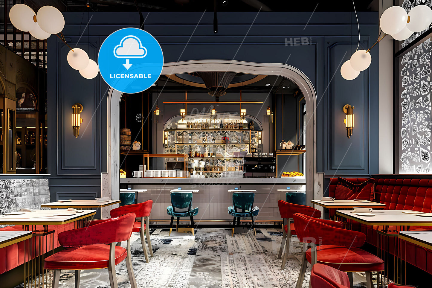 Interior of a premium restaurant, contemporary French style and Parisian look & feel, featuring a vibrant painting and a focus on the art aspect