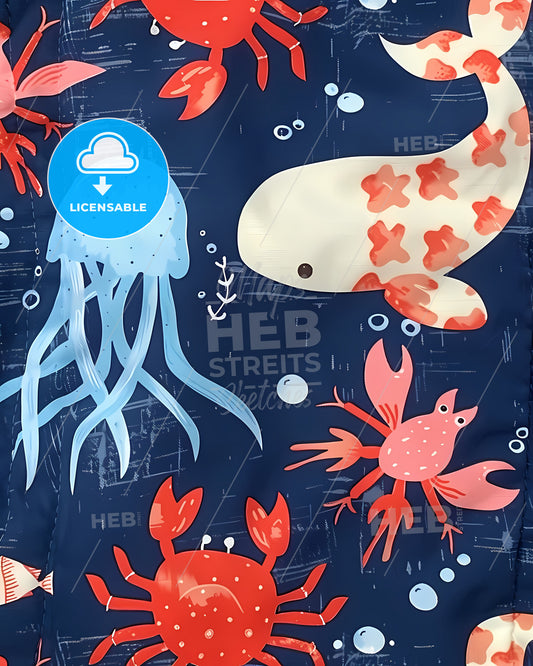 Vibrant Turquoise Marine Life Fabric Print: Playful Red and White Fish and Crabs on Blue Canvas with White Jellyfish Patterns