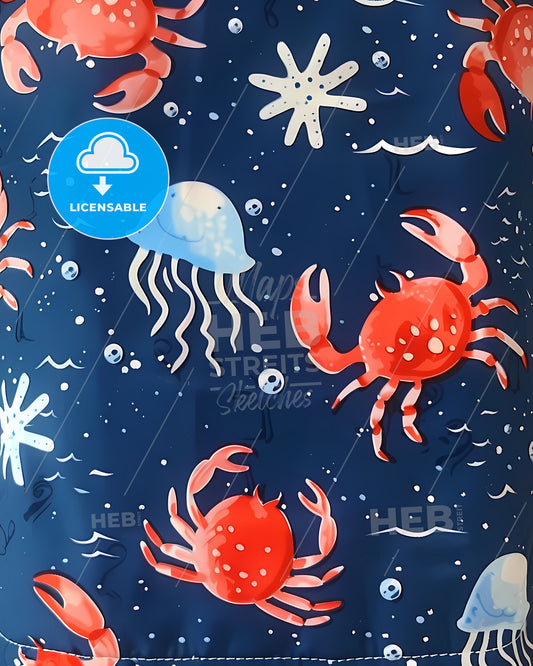 Vibrant Blue Fabric with Whimsical Sea Animals: Fish, Jellyfish, and Crabs