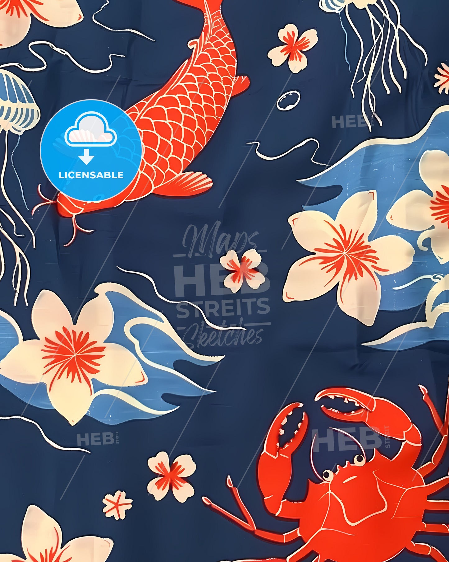 Vibrant Blue Fish Jellyfish Nautical Fabric Painting Marine Life Artwork Abstract Ocean