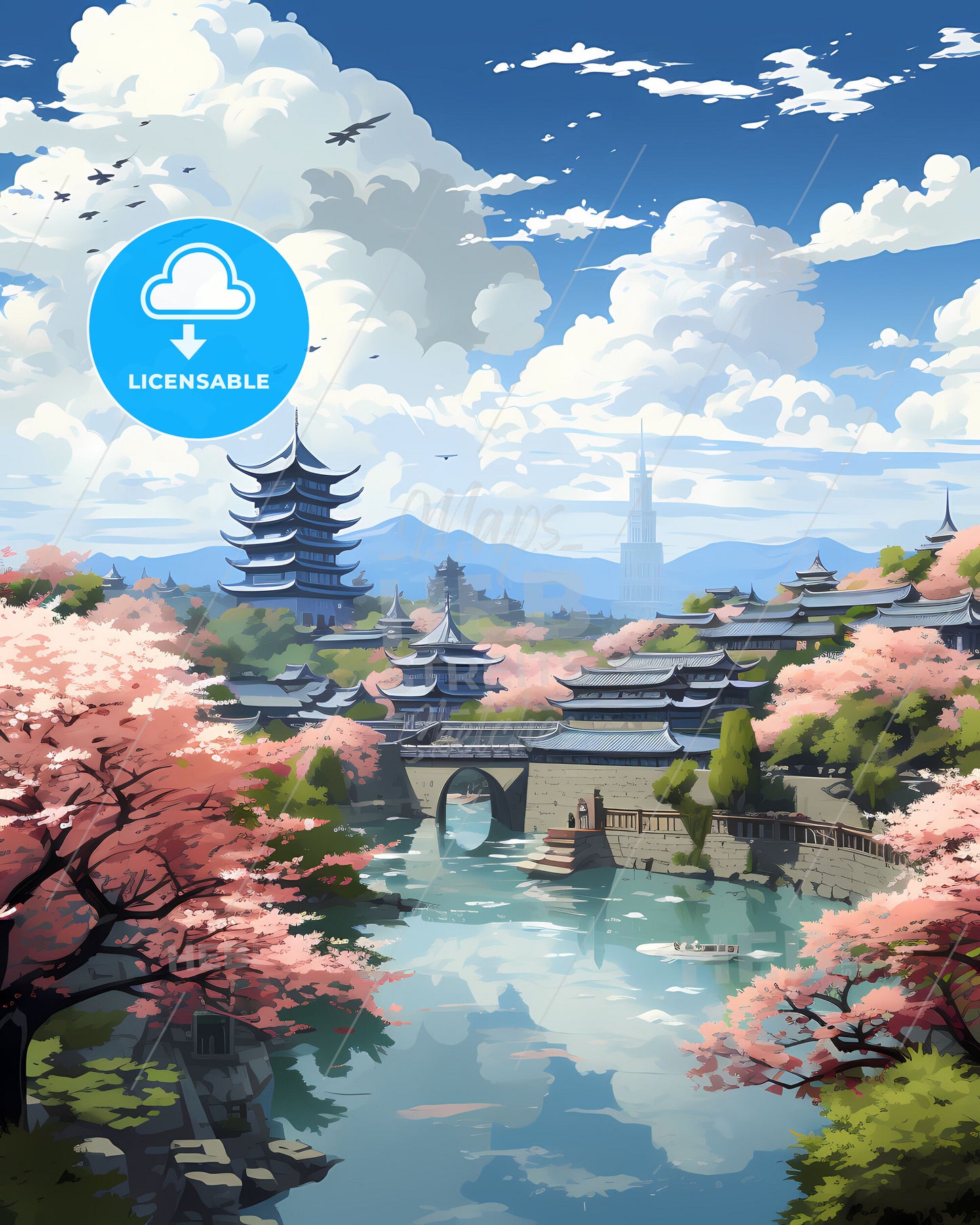 Vibrant Chinese Cityscape Painting: Huai'an City Horizon with Bridge and Trees