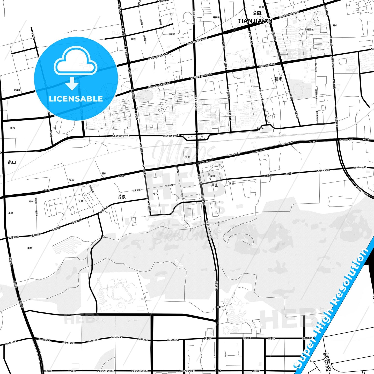 Huainan, China Light Map with Street Names, City Names, and Districts