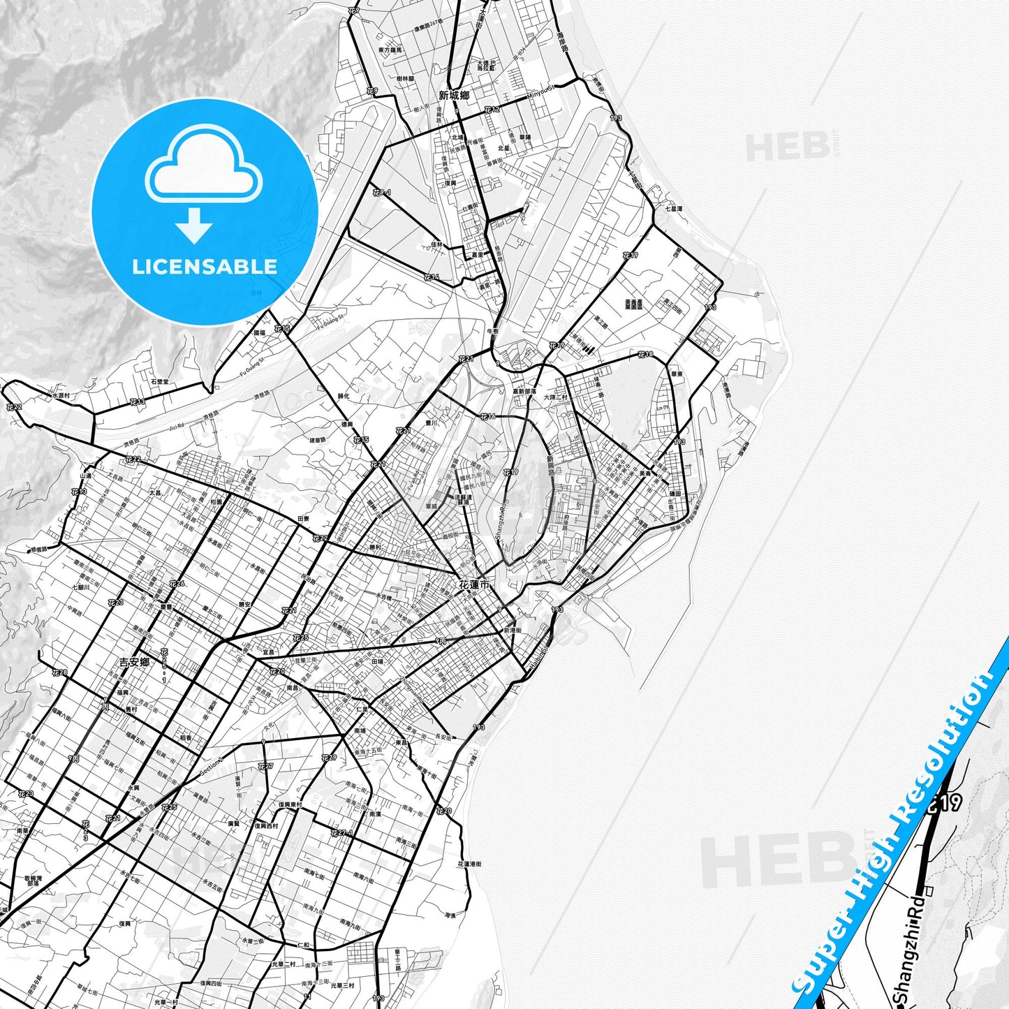 Hualien, Taiwan Light Map with Street Names, City Names, and Districts