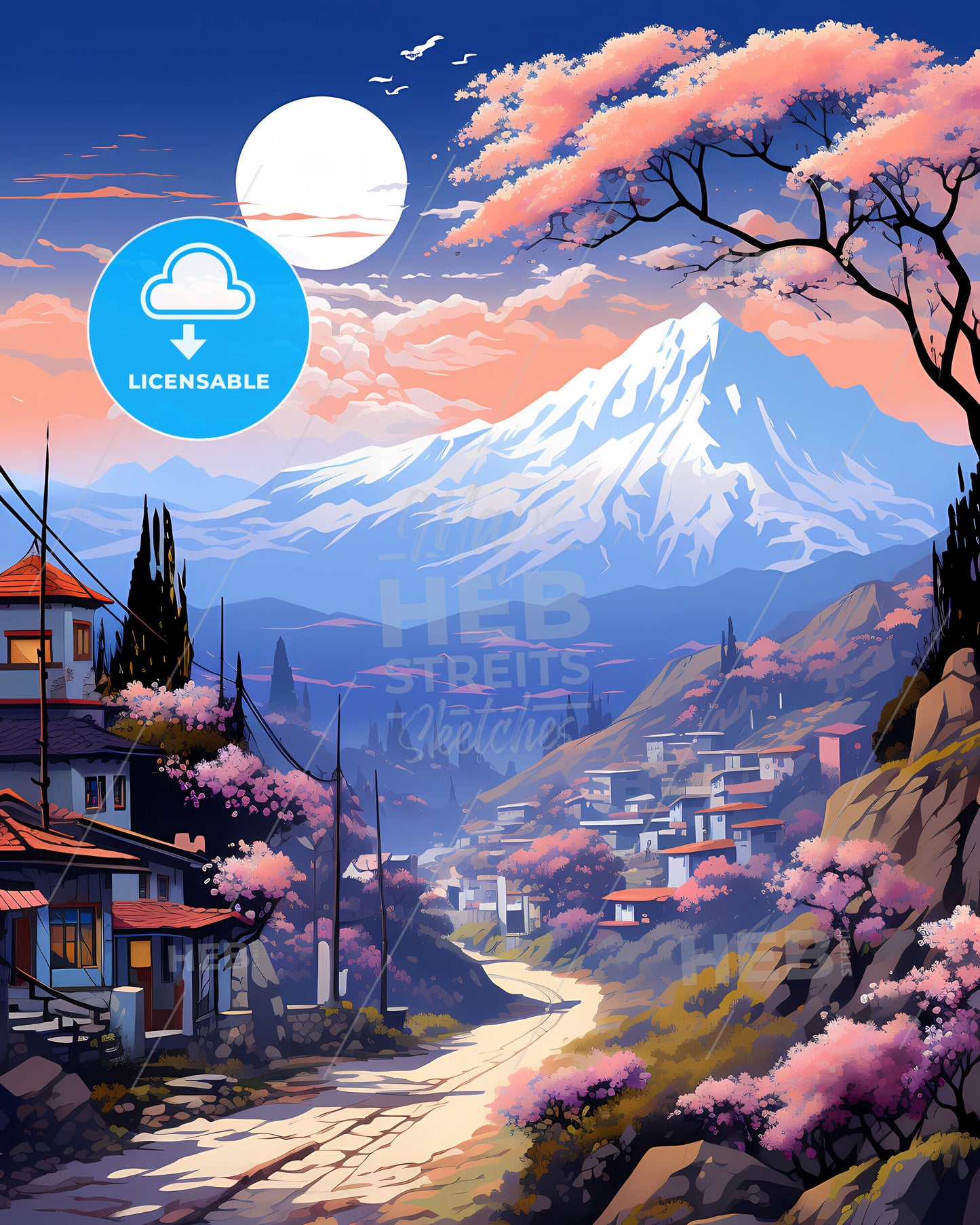 Huancayo Peru Skyline Mountain Landscape Road Houses Painting Art