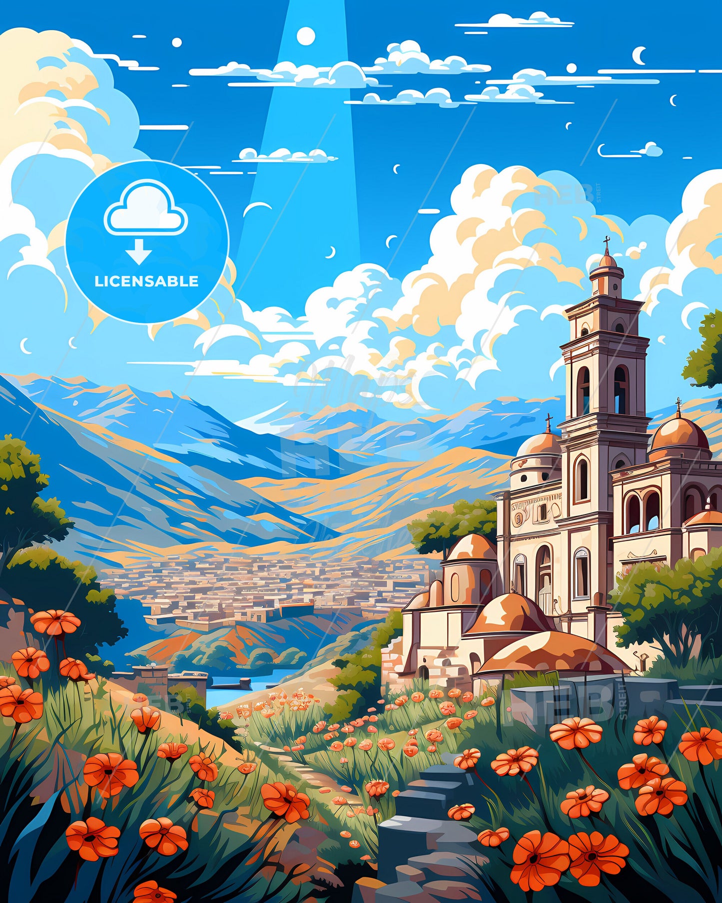Huancayo, Peru Cityscape, Building with a Tower, Flowers, Art, Painting, Valley, Vibrant
