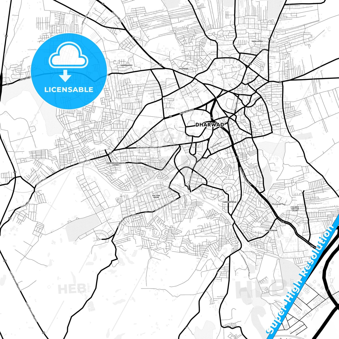 Hubli–Dharwad, India Light Map with Street Names, City Names, and Districts