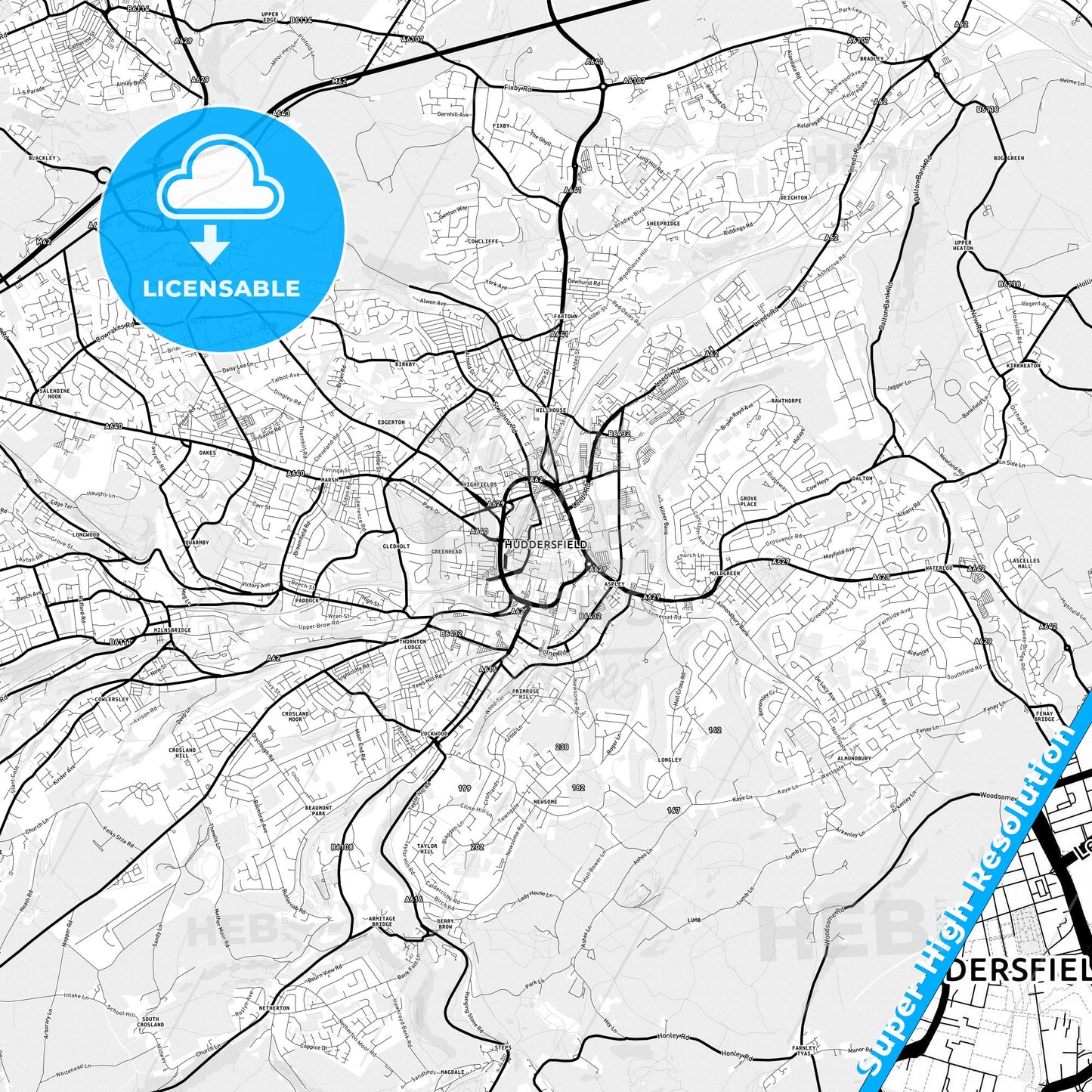 Huddersfield, England Light Map with Street Names, City Names, and Districts