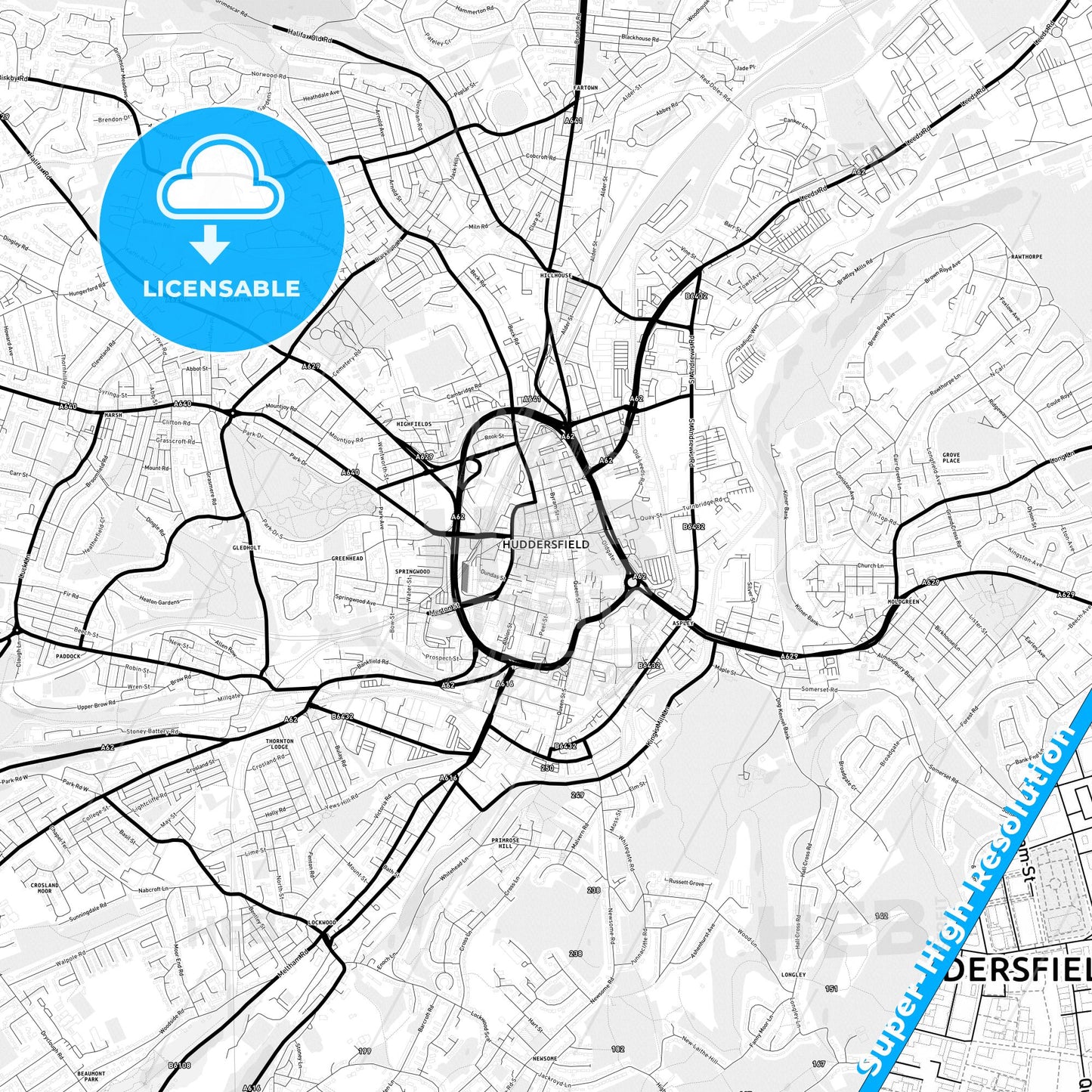 Huddersfield, England Light Map with Street Names, City Names, and Districts