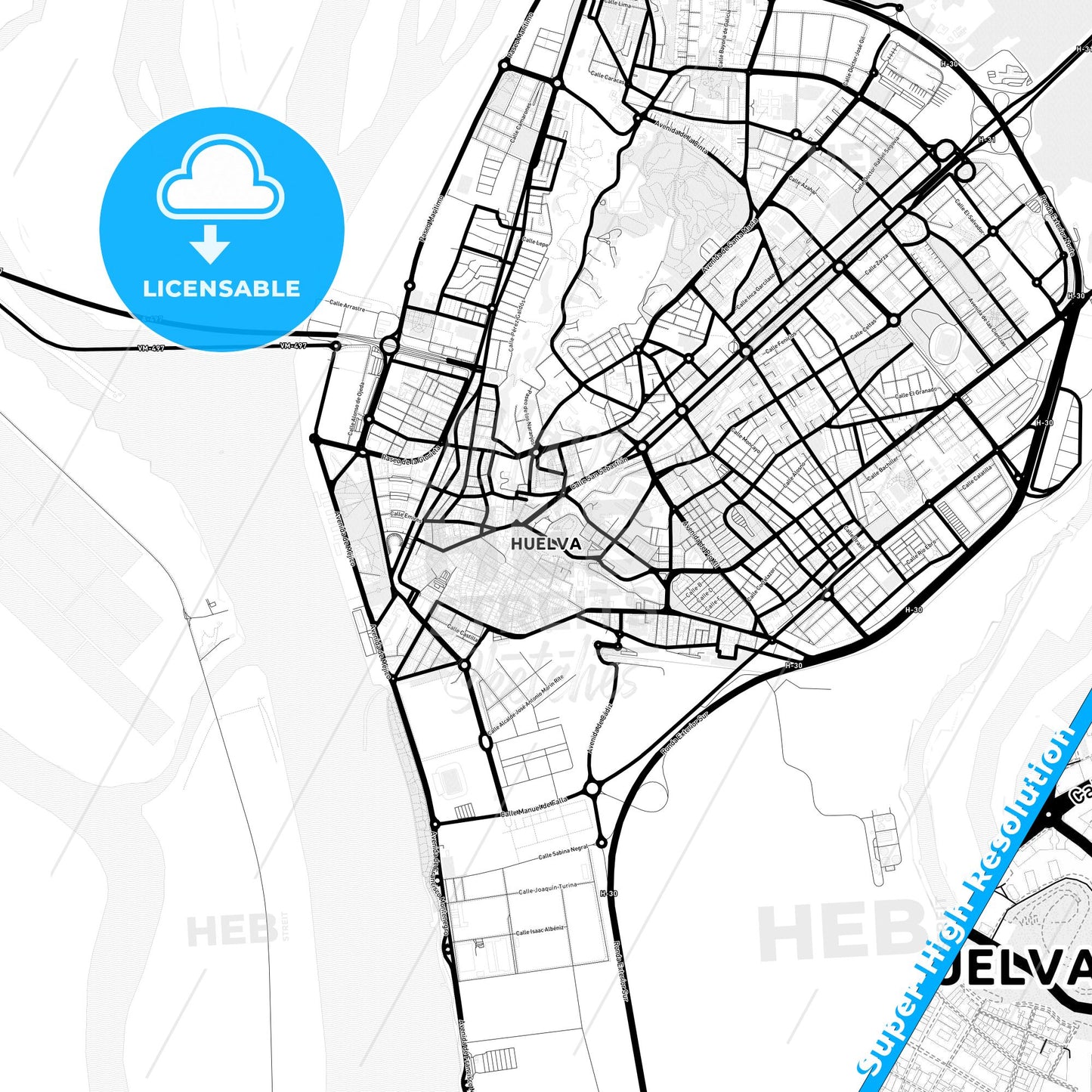 Huelva, Spain Light Map with Street Names, City Names, and Districts