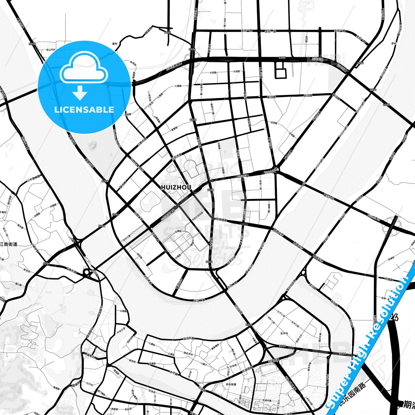 Huizhou, China Light Map with Street Names, City Names, and Districts