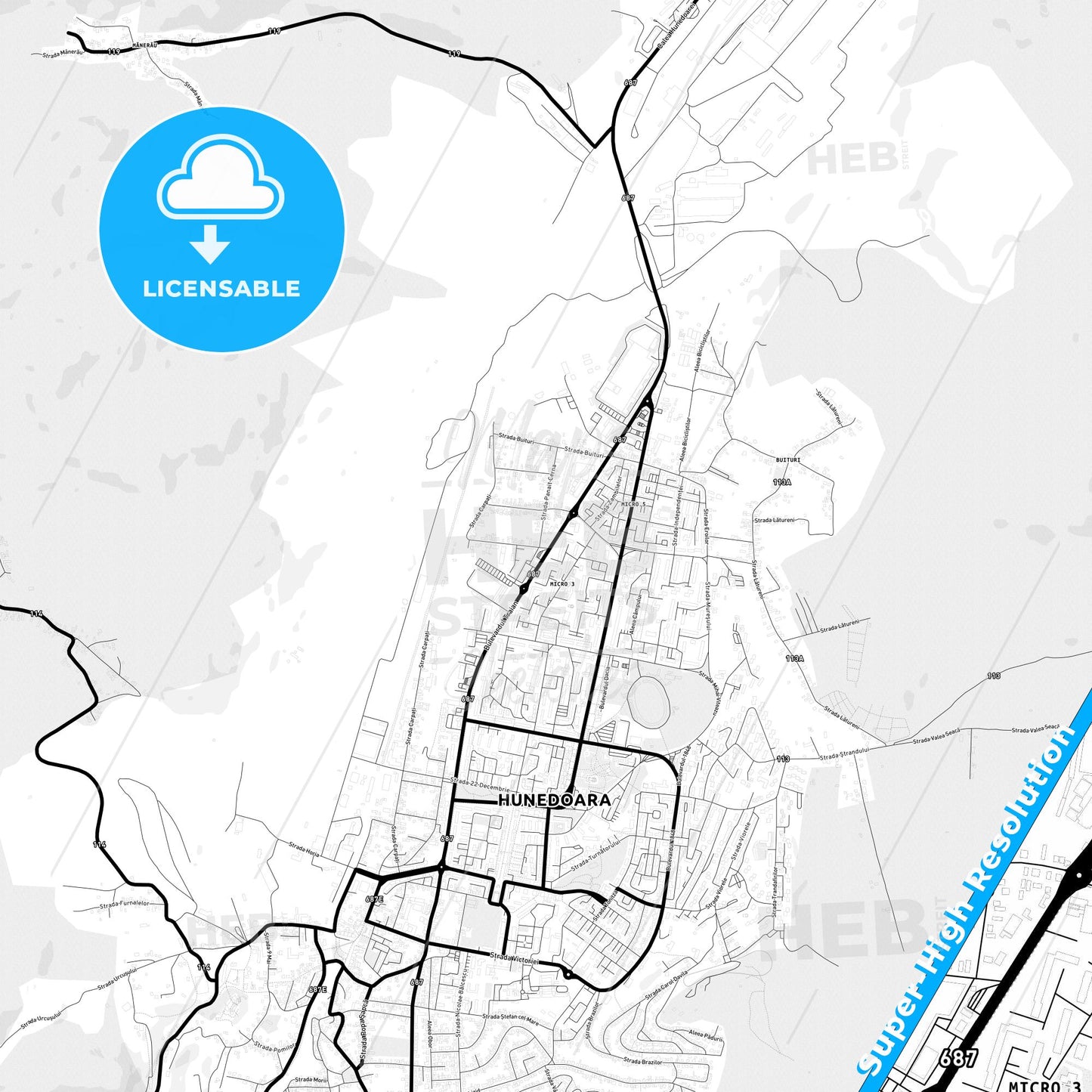 Hunedoara, Romania Light Map with Street Names, City Names, and Districts