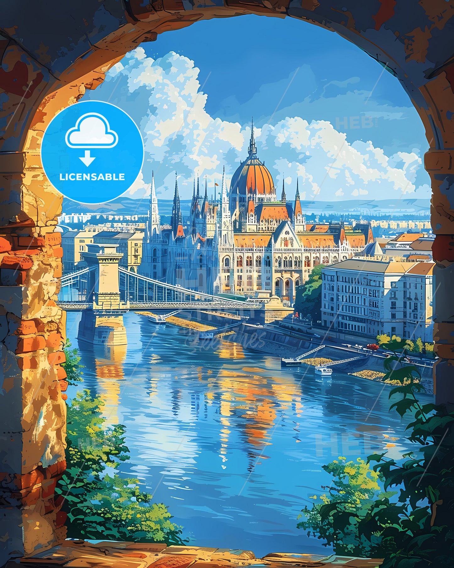 Vibrant Painting of Magyar Bridge with Buda Castle, Hungary