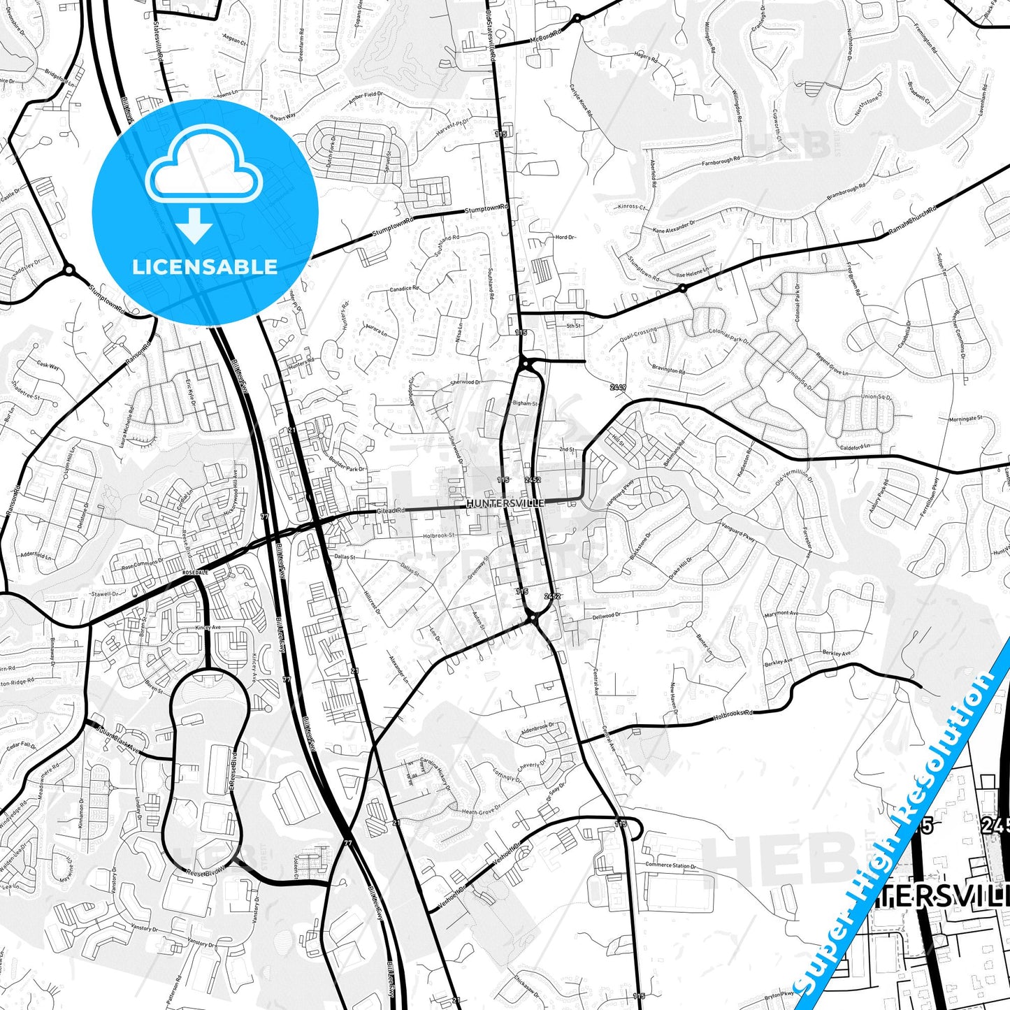 Huntersville, North Carolina Light Map with Street Names, City Names, and Districts