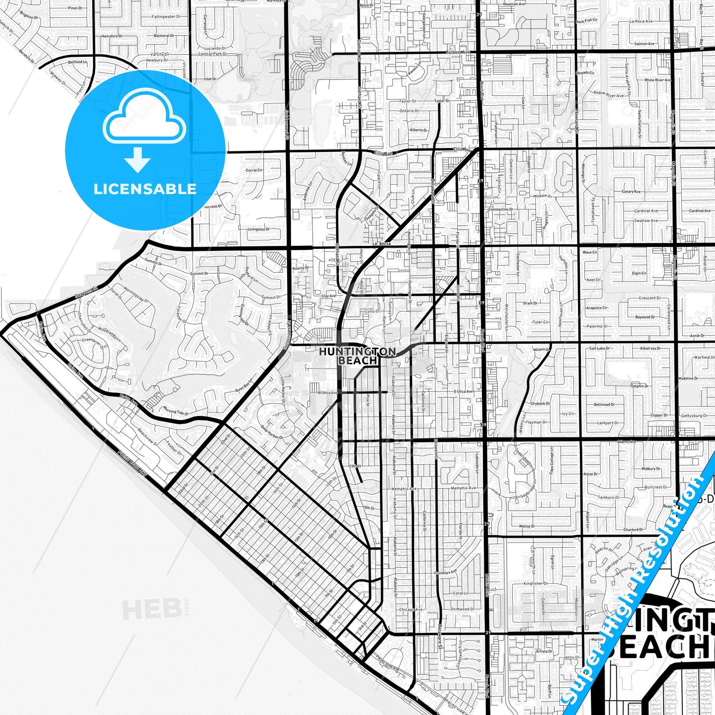Huntington Beach, California Light Map with Street Names, City Names, and Districts