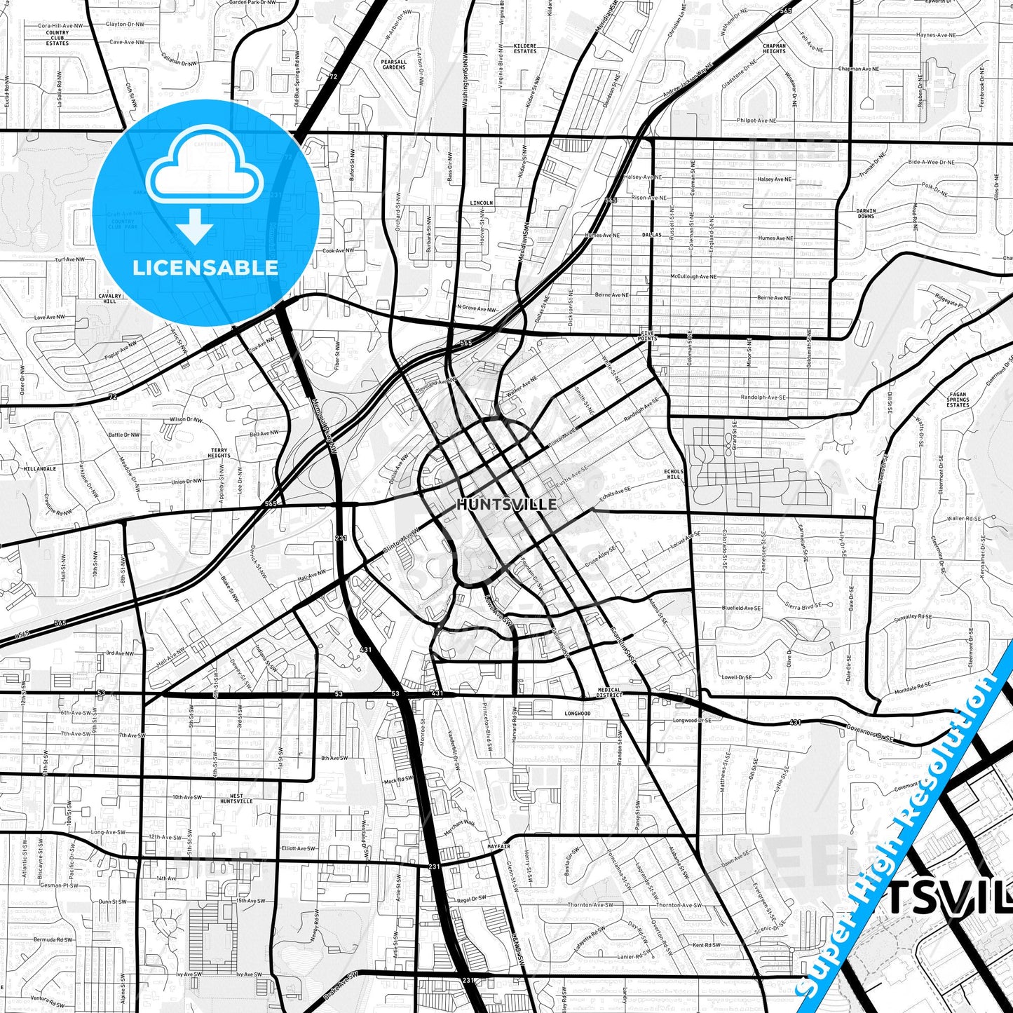Huntsville, Alabama Light Map with Street Names, City Names, and Districts