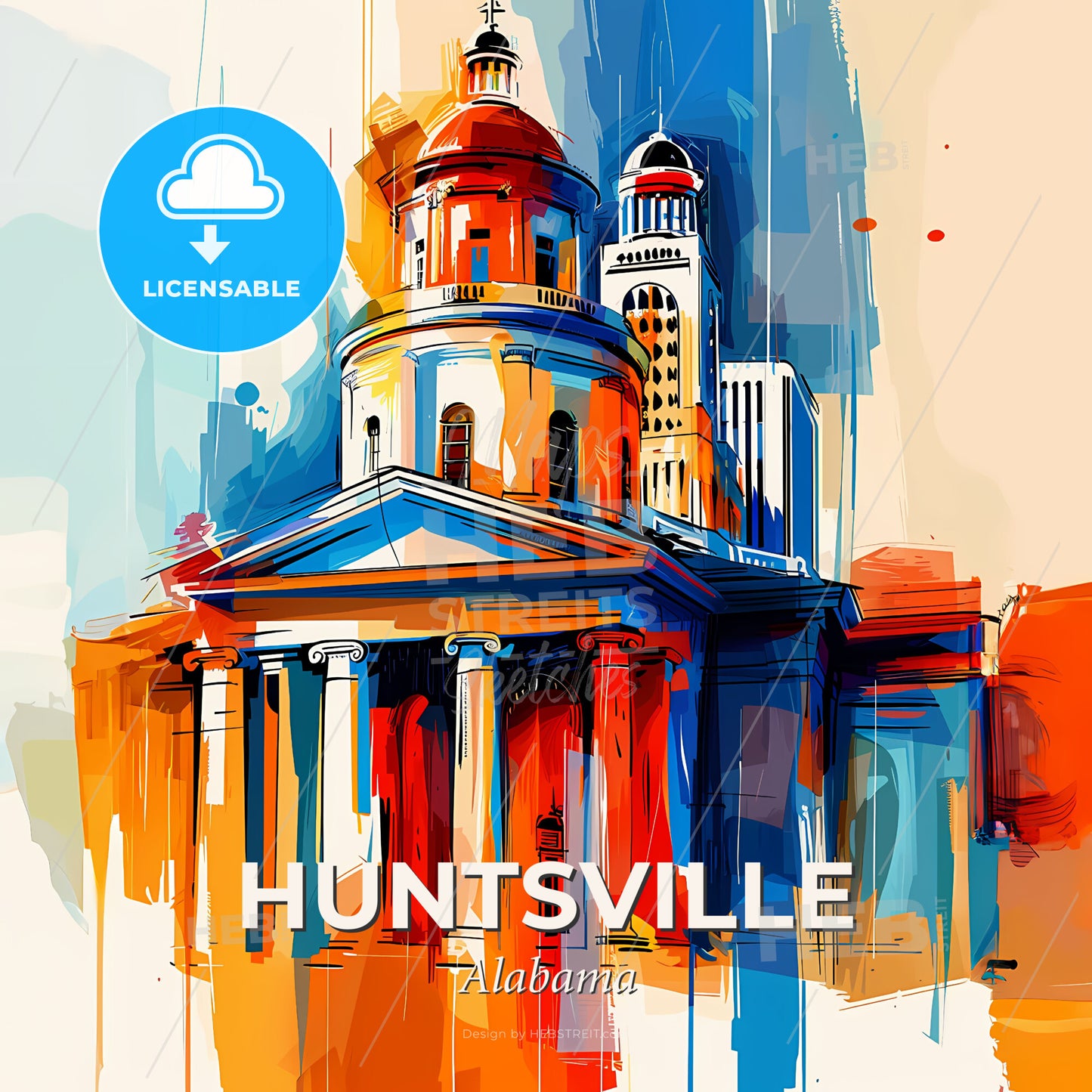 Vibrant Huntsville, Alabama - A Painting Of A Building With Columns And A Dome - Square format print template