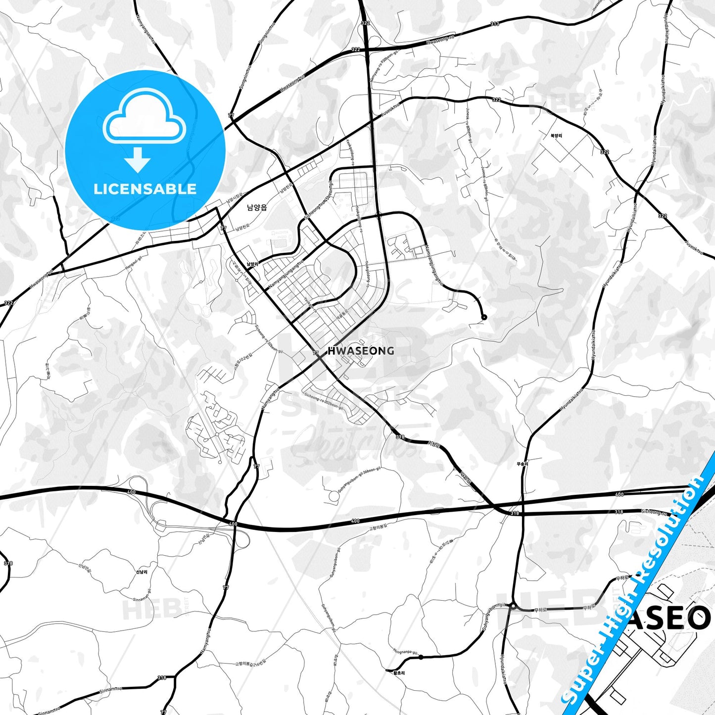 Hwaseong, South Korea Light Map with Street Names, City Names, and Districts