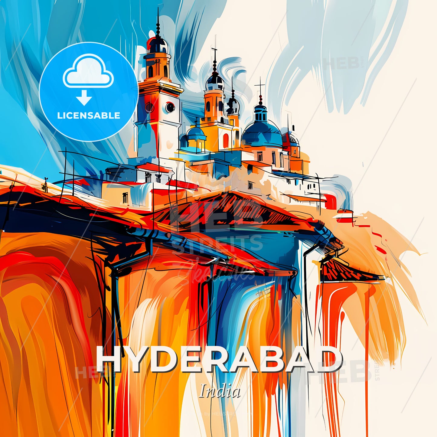 Vibrant Hyderabad, India - A Painting Of A Building With Towers - Square format print template