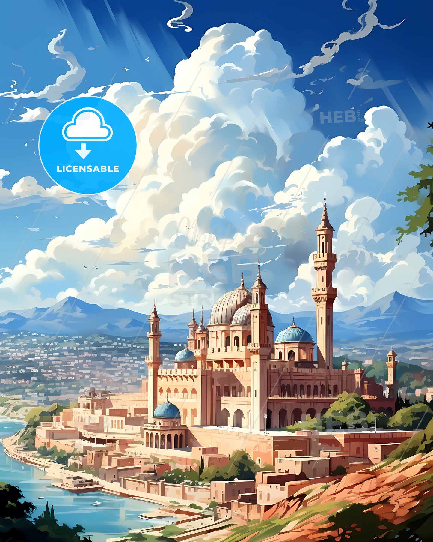 Vibrant Skyline Painting of Hyderabad Pakistan Architecture Featuring Towers and River