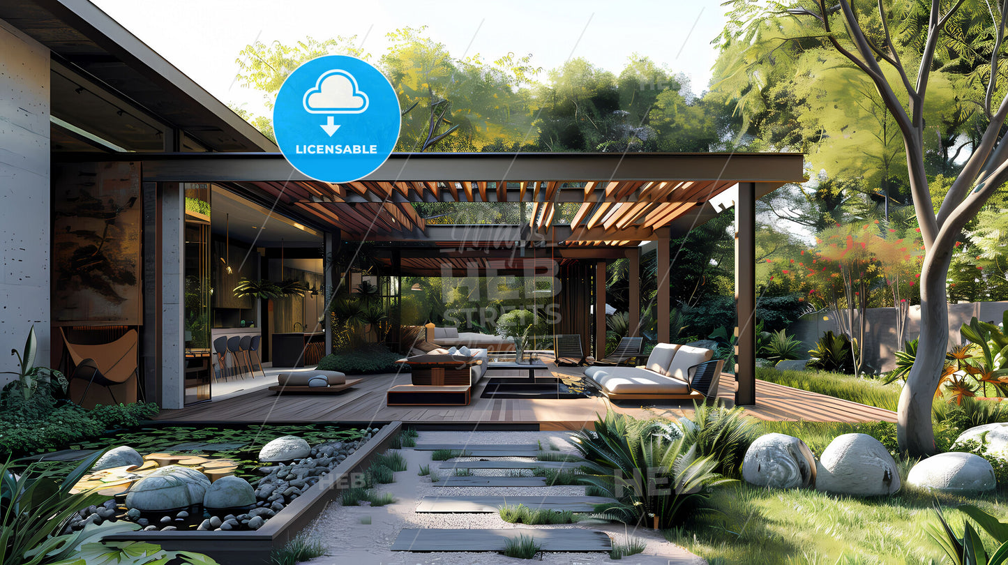 Hyper-Realistic Oil Painting of a Freestanding Pergola with Glass Top in a Vibrant Outdoor Patio