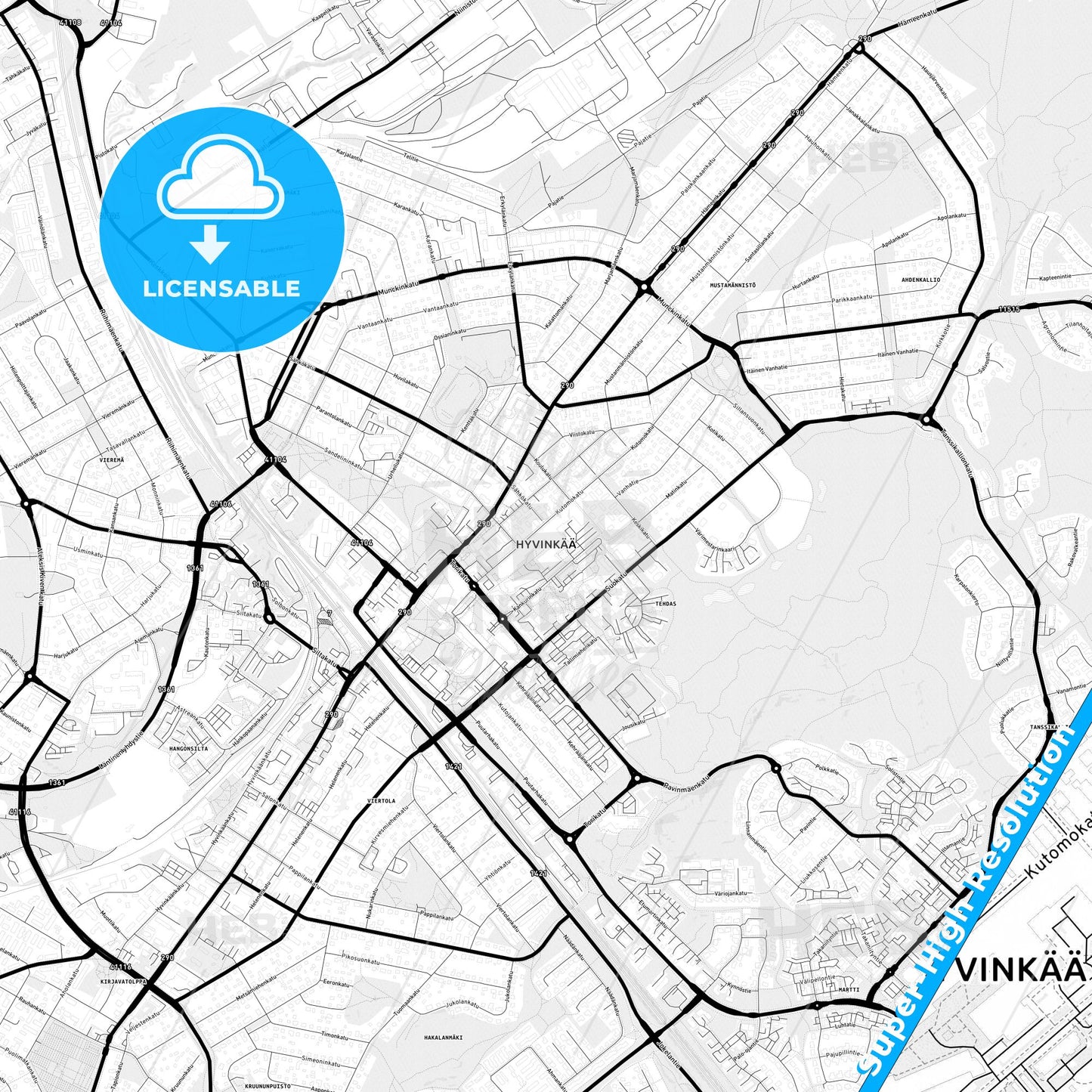 Hyvinkää, Finland Light Map with Street Names, City Names, and Districts