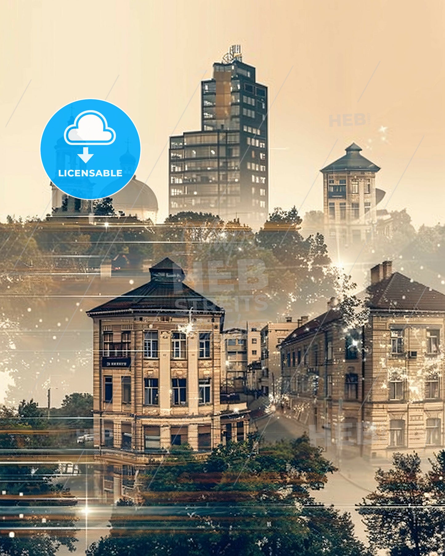 Šiauliai skyline double exposure art print - A city with buildings and trees