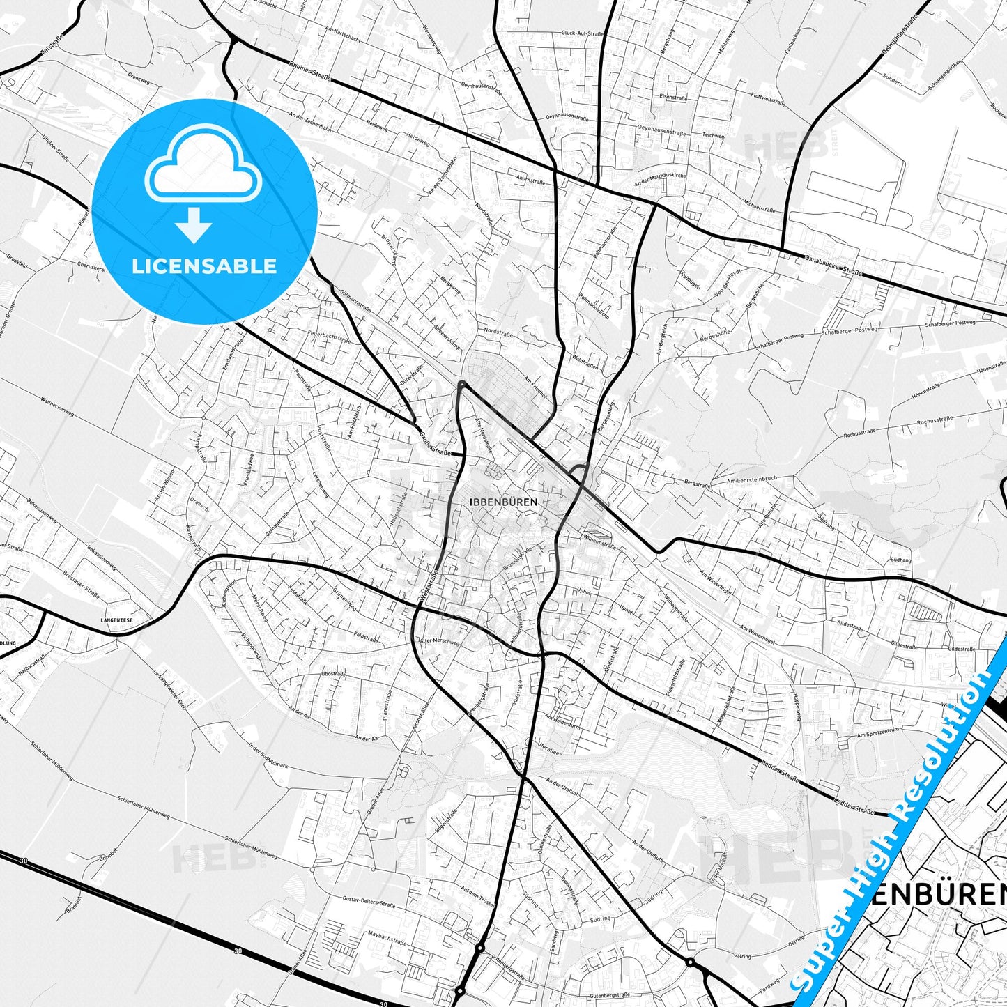 Ibbenburen, Germany Light Map with Street Names, City Names, and Districts