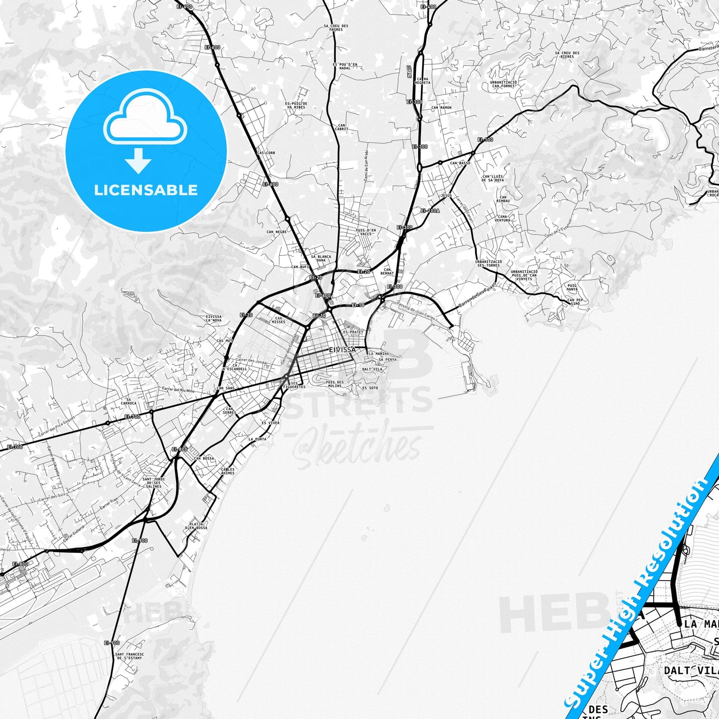 Ibiza Town, Spain Light Map with Street Names, City Names, and Districts