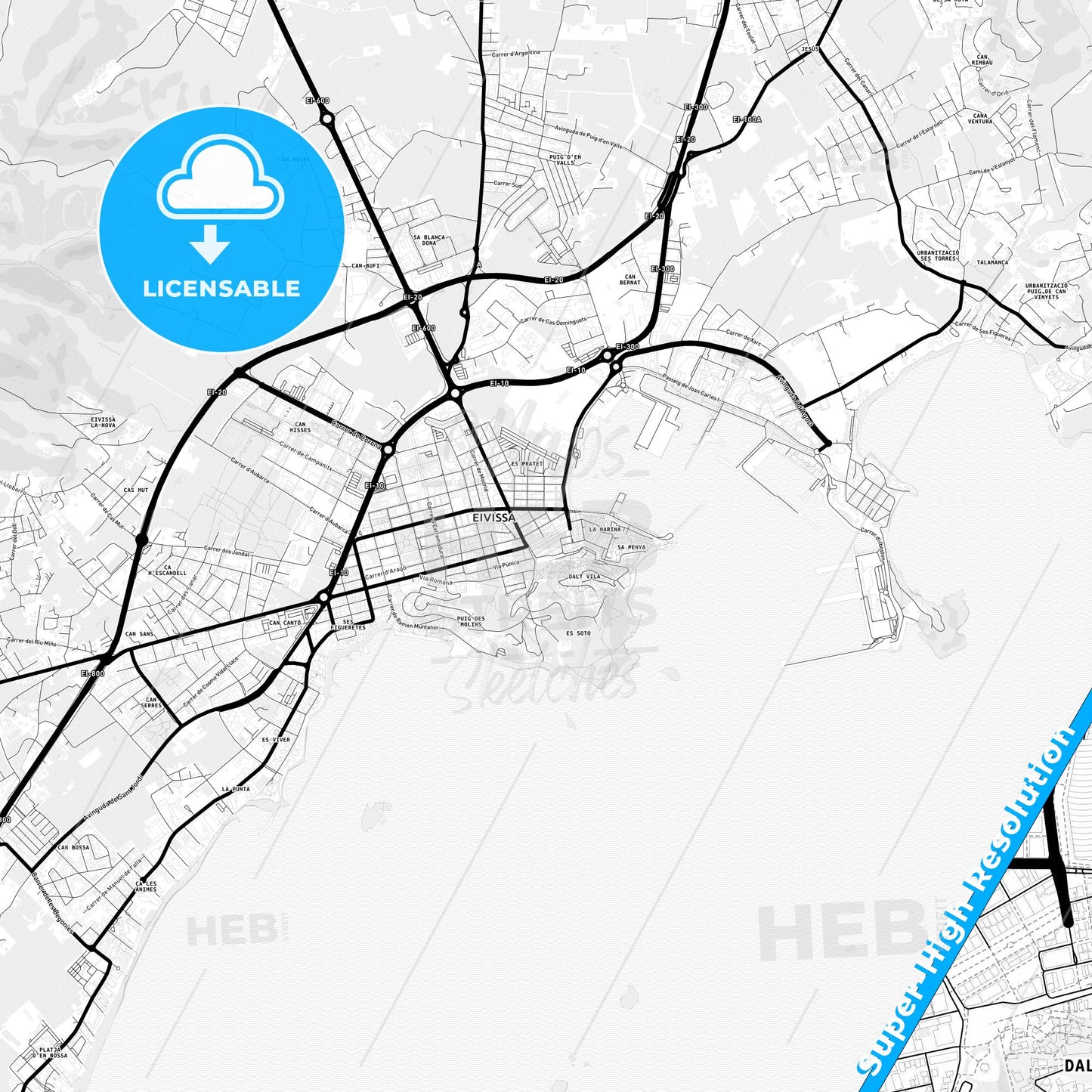 Ibiza Town, Spain Light Map with Street Names, City Names, and Districts
