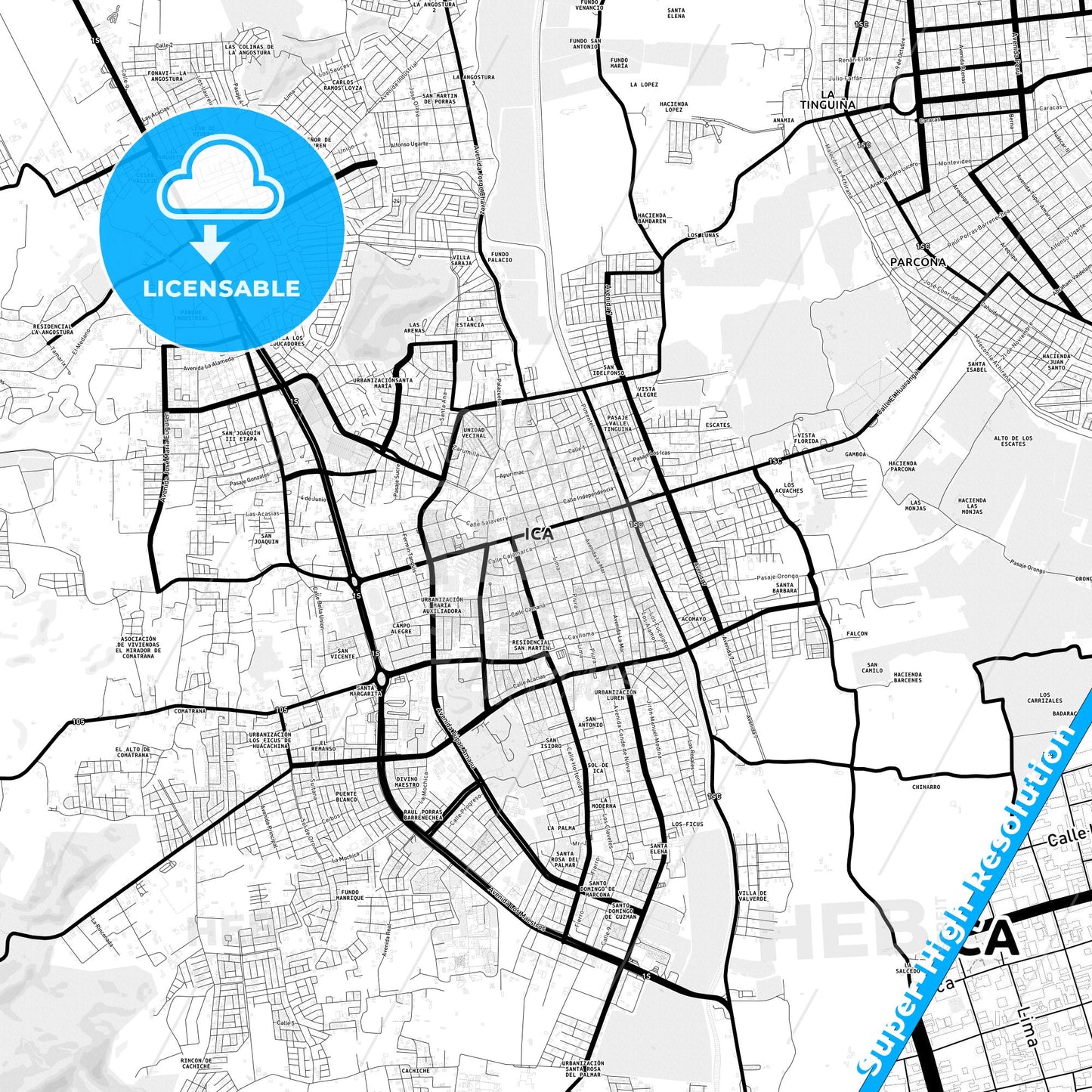 Ica, Peru Light Map with Street Names, City Names, and Districts