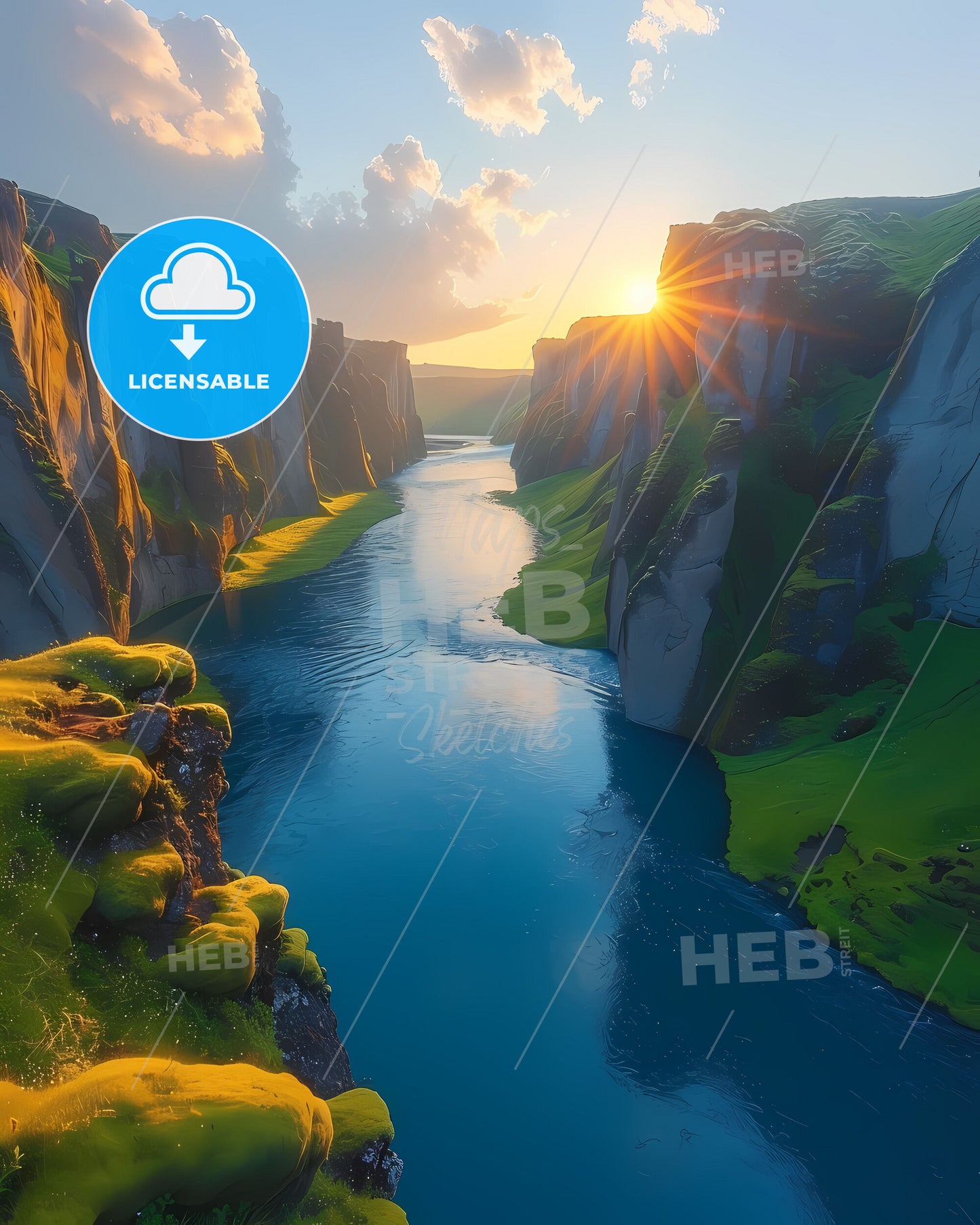 Icelandic Cliffs Art - River Landscape Painting, Europe, Vibrant Colors, Rocky Scenery, Nature Artwork