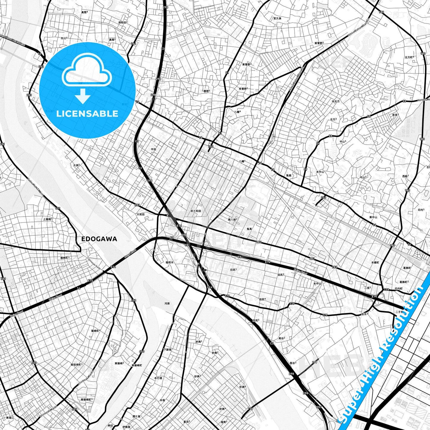 Ichikawa, Japan Light Map with Street Names, City Names, and Districts