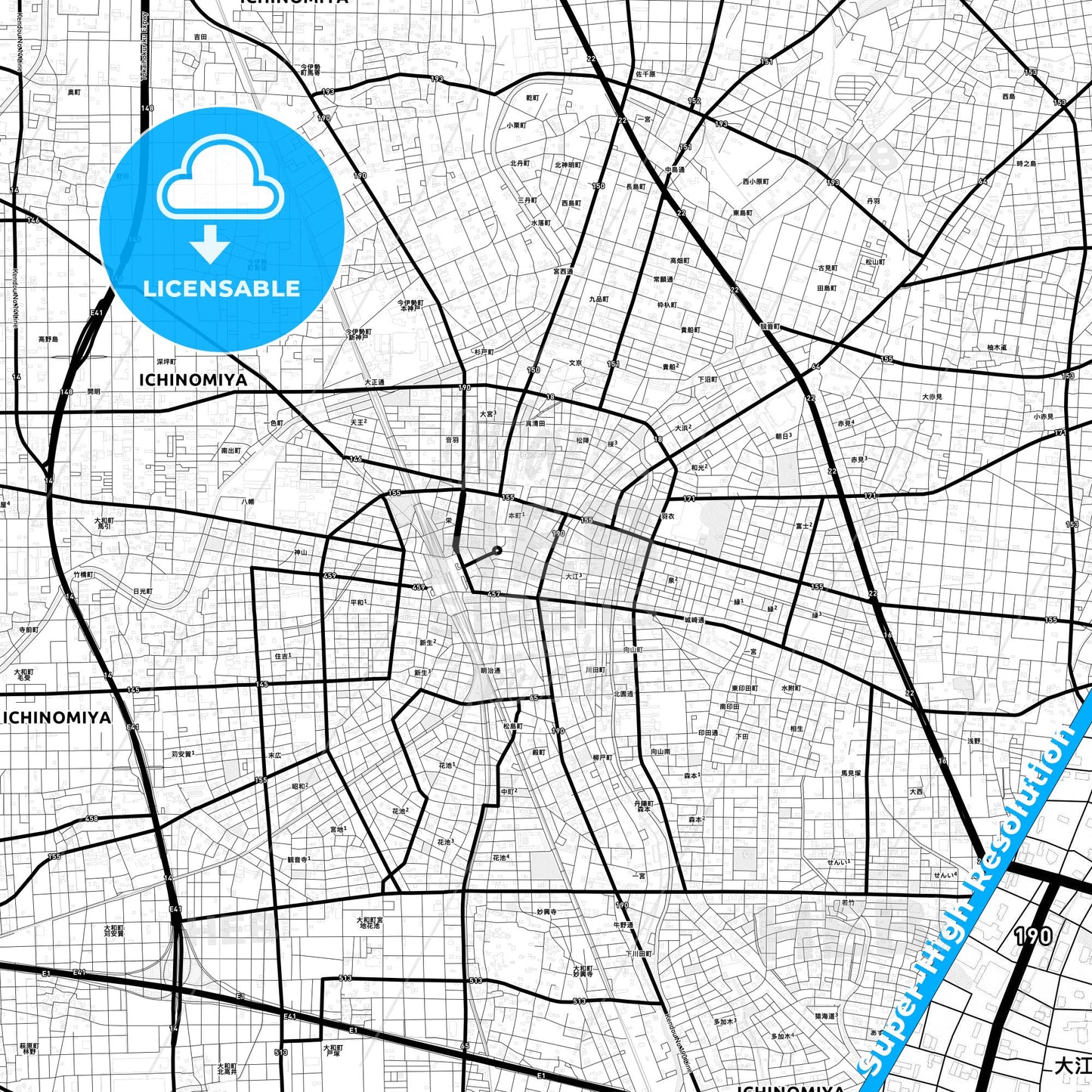 Ichinomiya, Japan Light Map with Street Names, City Names, and Districts