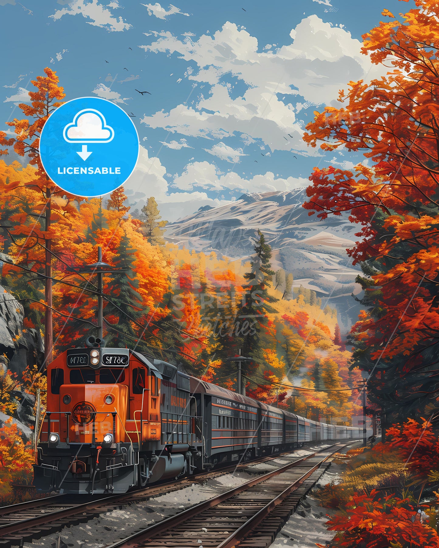 Colorful Train Art Print, Idaho, USA, Orange Trees, Painting, Vibrant, Art Deco