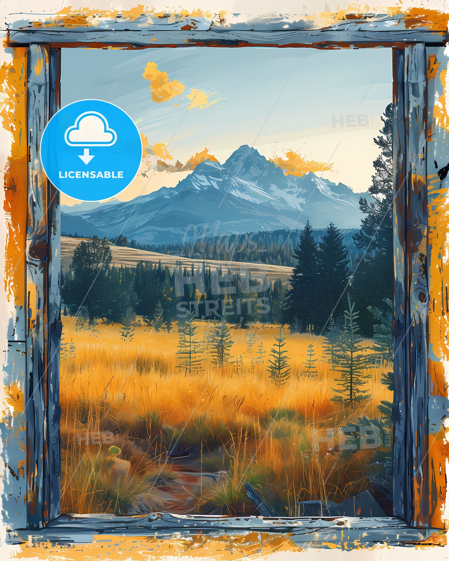 Serene Mountain Landscape Art: Colorful Painting of Idaho, USA, Showcasing Vibrant Trees and Majestic Peaks