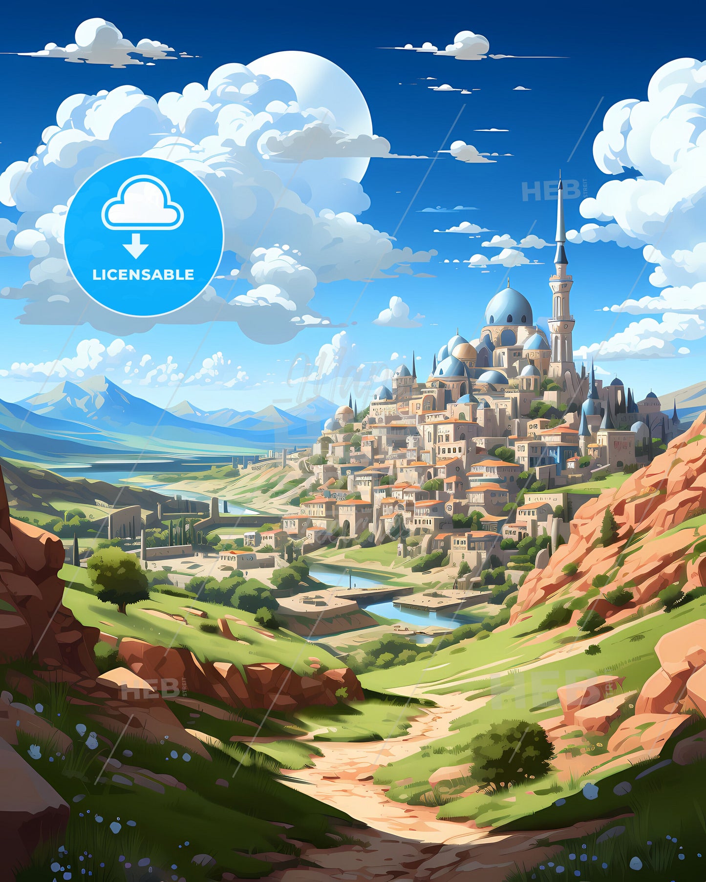 Idlib Syria Cityscape Painting Art Street Mountains River Cityscape