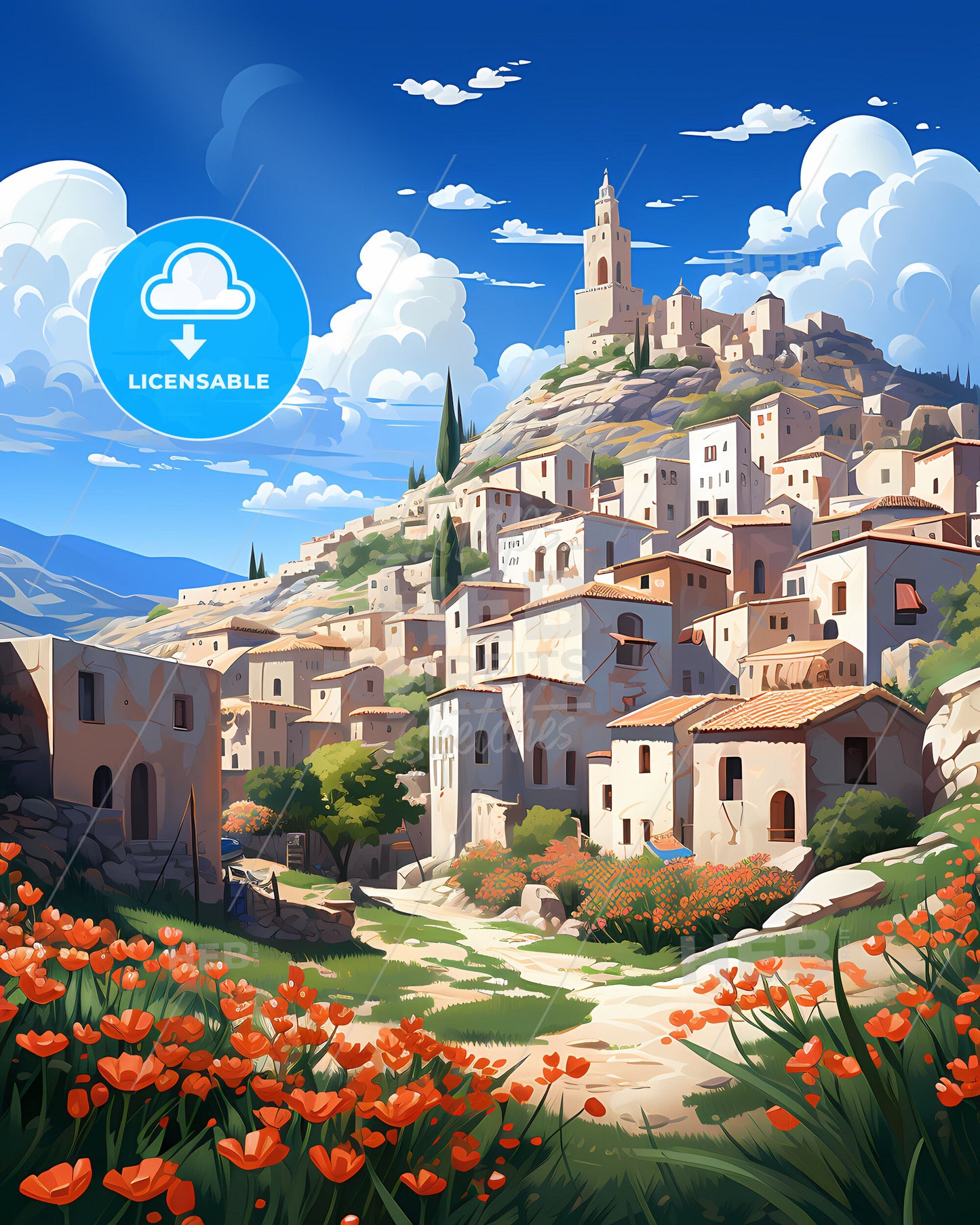 Idyllic Syrian Town of Idlib Skyline Depicted in Vibrant, Artistic Painting