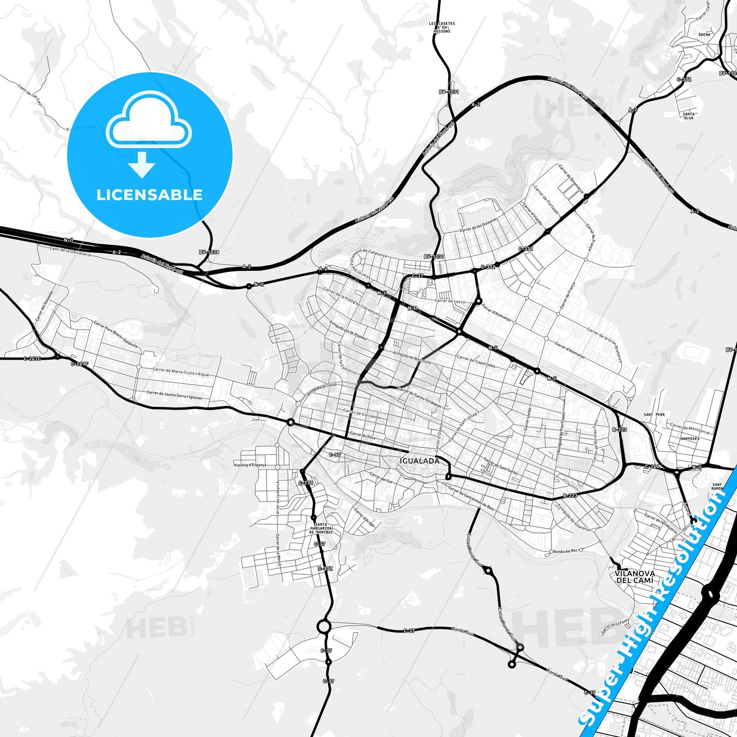 Igualada, Spain Light Map with Street Names, City Names, and Districts