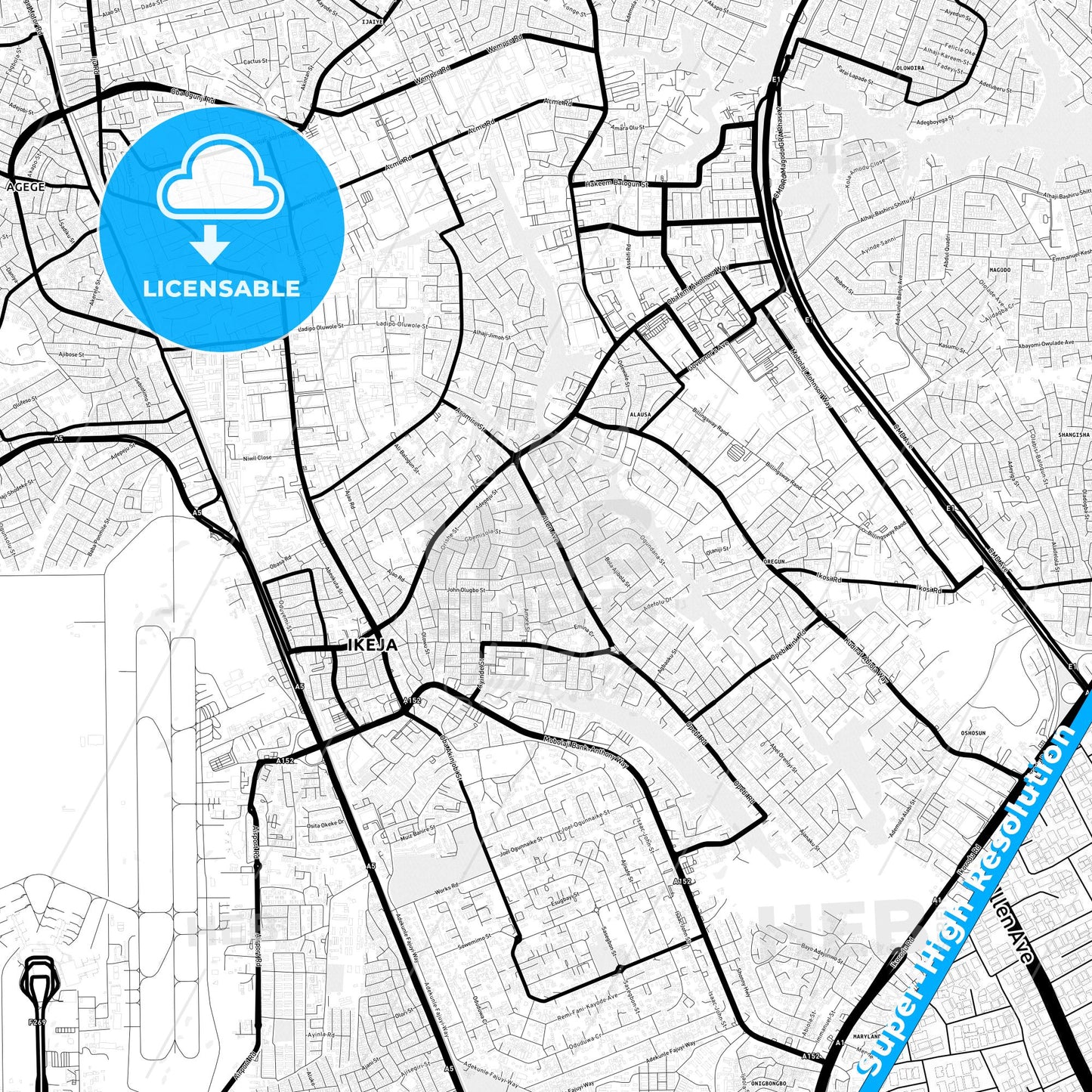 Ikeja, Nigeria Light Map with Street Names, City Names, and Districts
