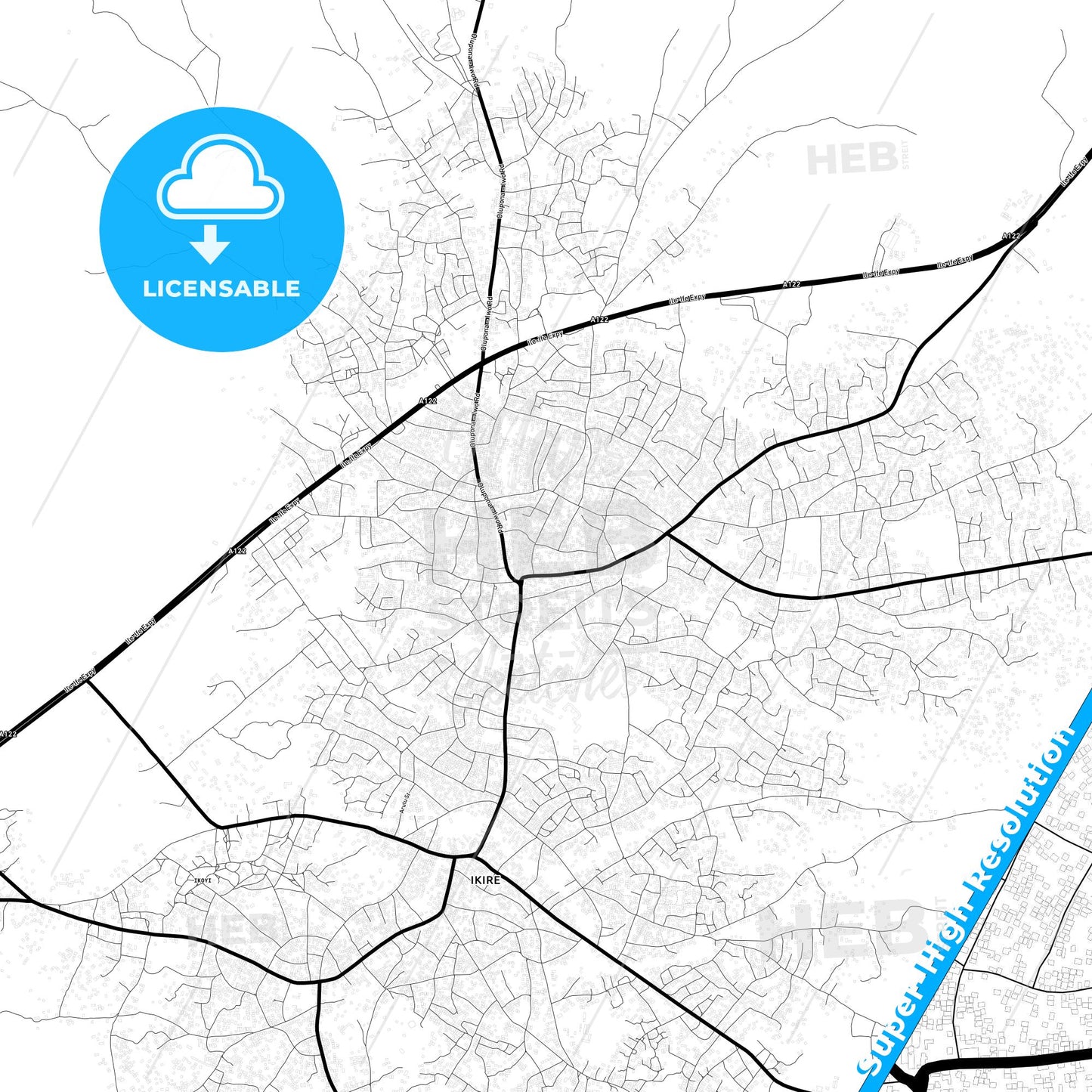 Ikire, Nigeria Light Map with Street Names, City Names, and Districts
