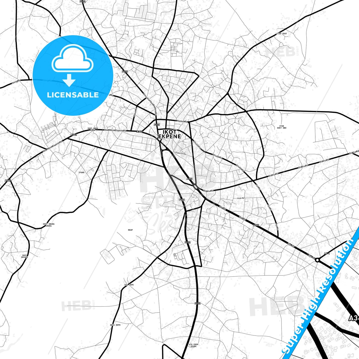 Ikot Ekpene, Nigeria Light Map with Street Names, City Names, and Districts