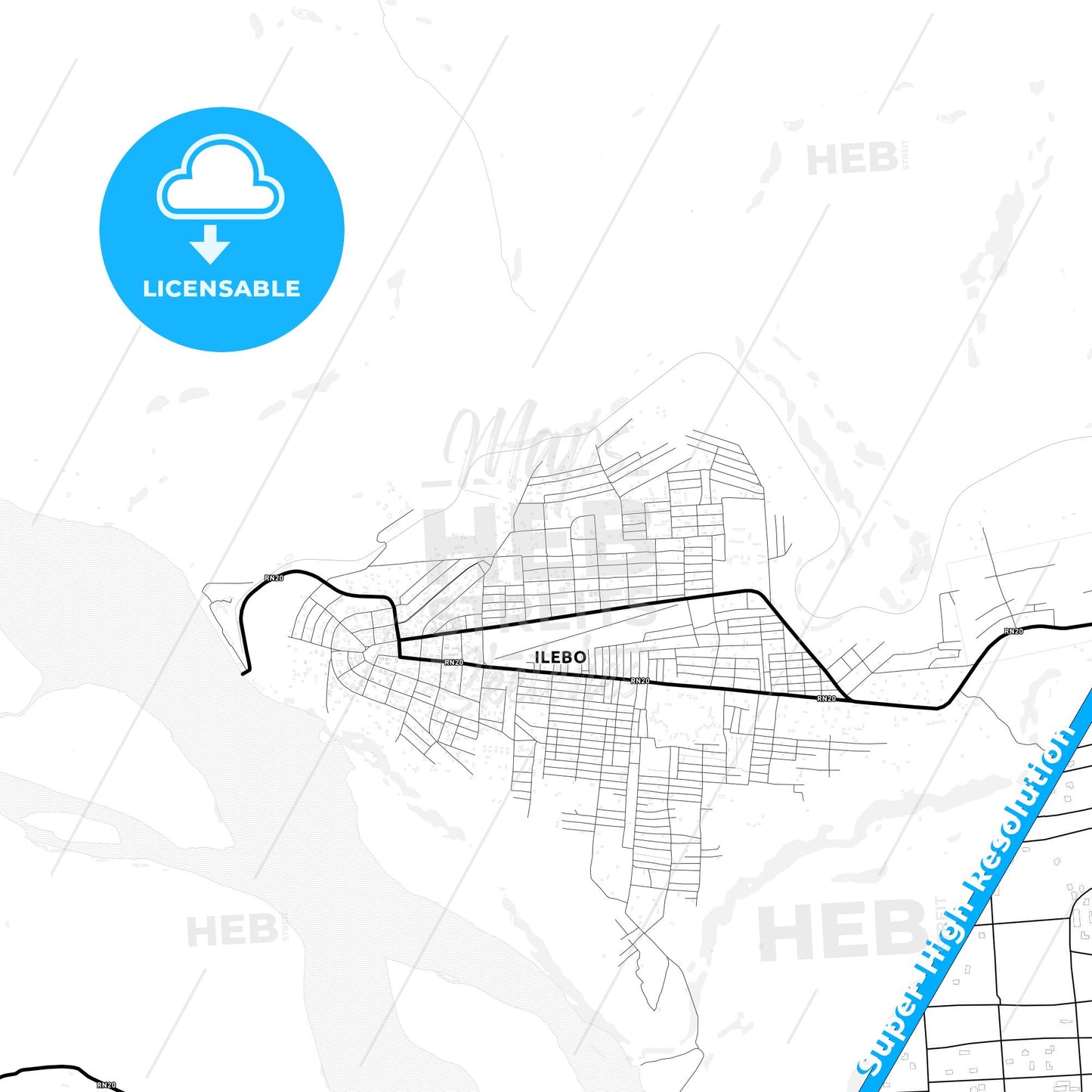 Ilebo, DR Congo Light Map with Street Names, City Names, and Districts