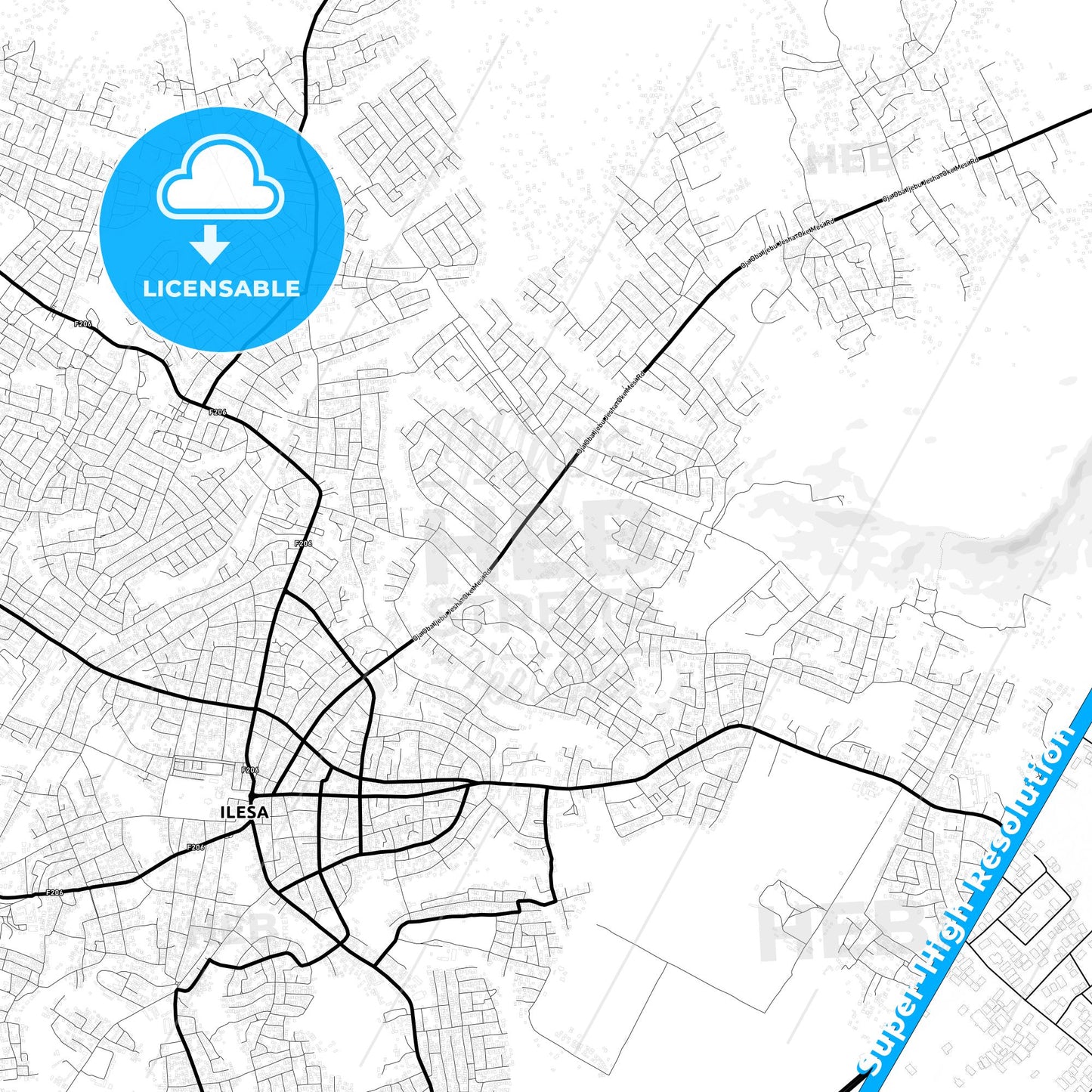 Ilesa, Nigeria Light Map with Street Names, City Names, and Districts