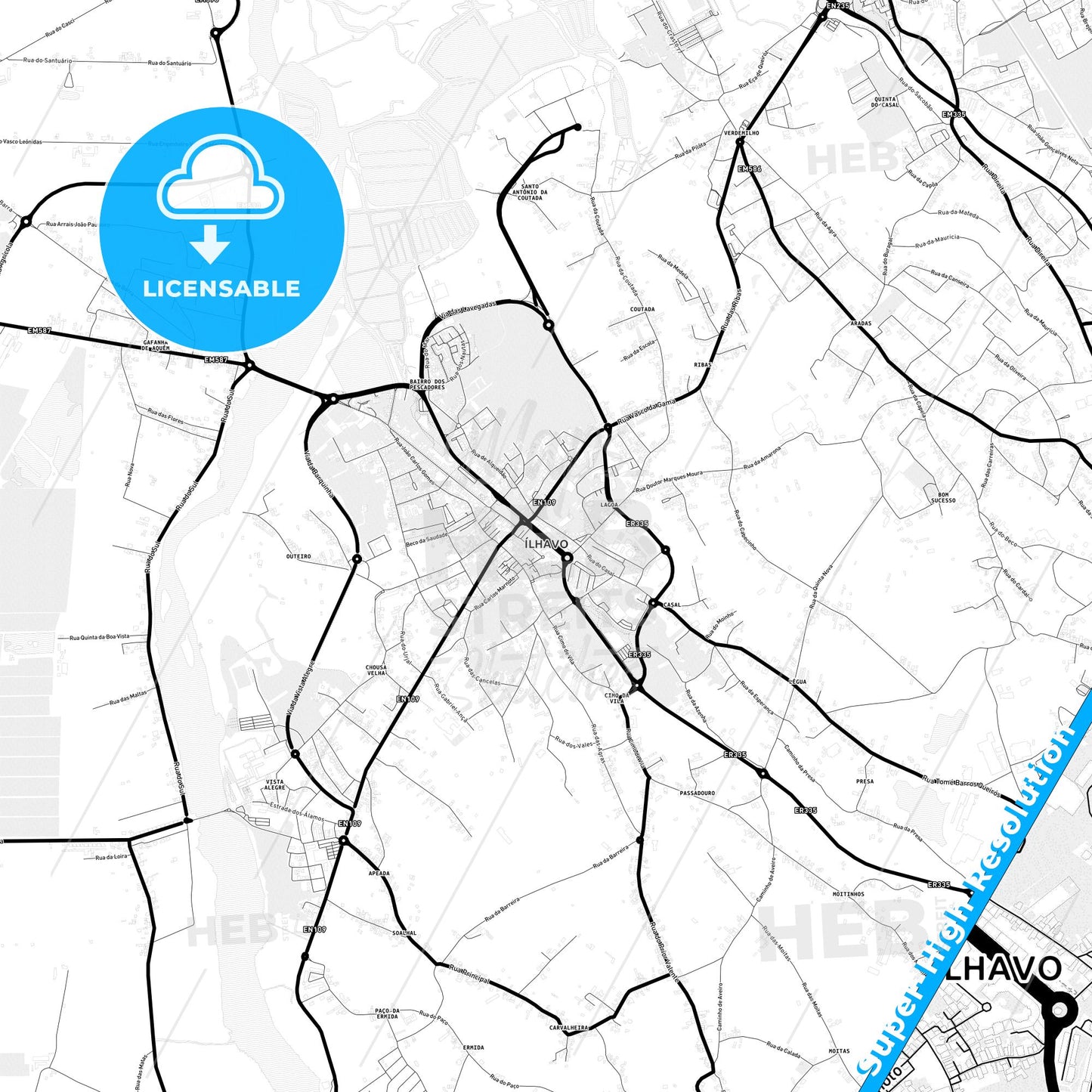 Ílhavo, Portugal Light Map with Street Names, City Names, and Districts