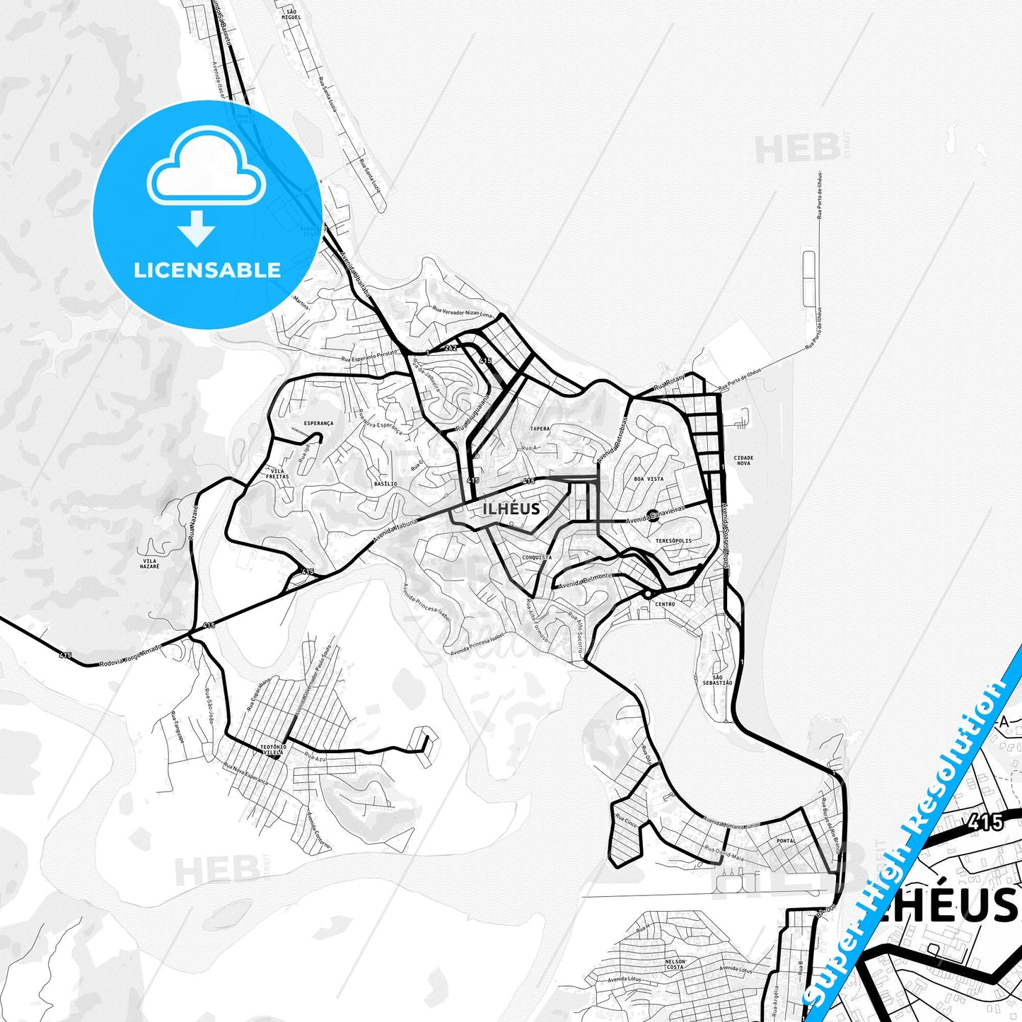 Ilheus, Brazil Light Map with Street Names, City Names, and Districts