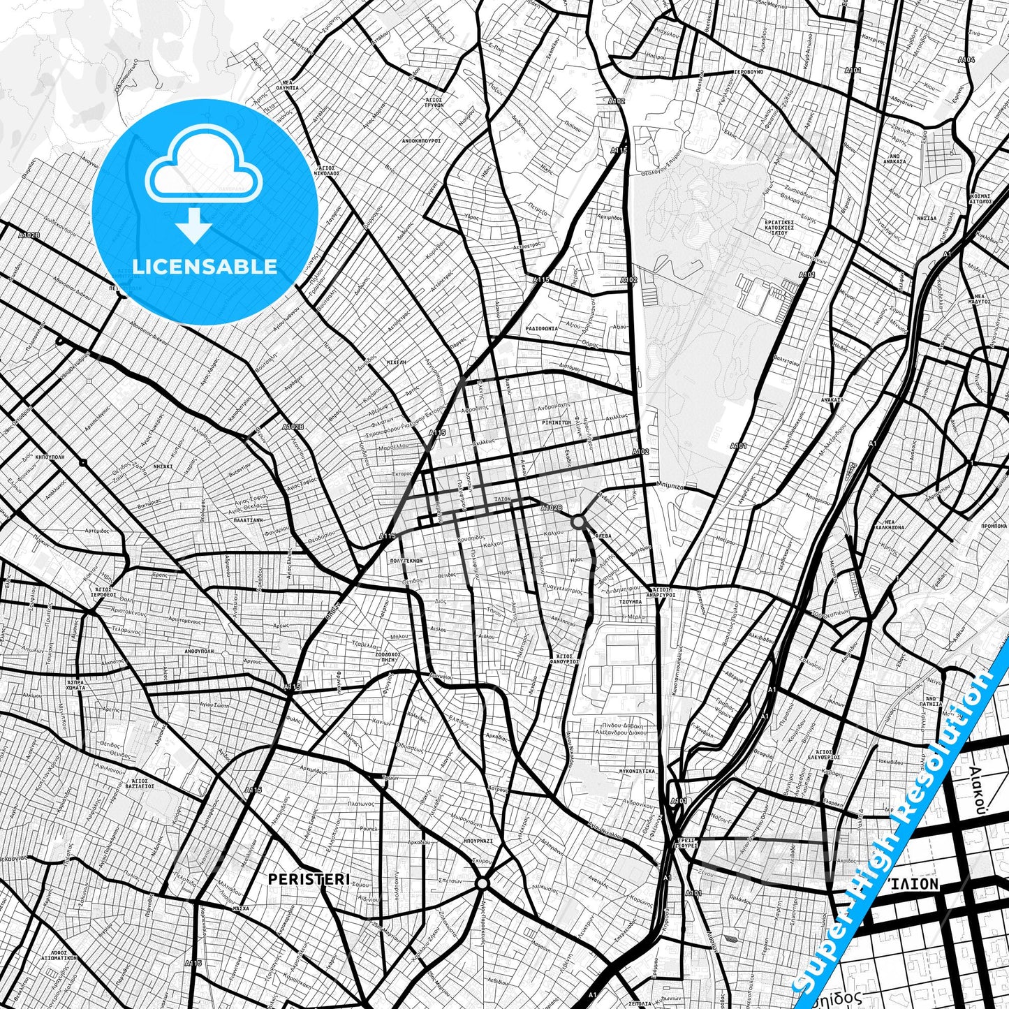 Ilio, Greece Light Map with Street Names, City Names, and Districts
