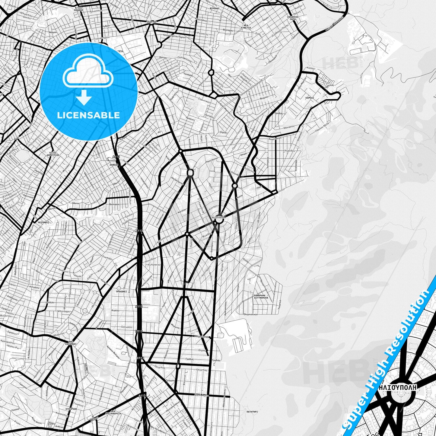 Ilioupoli, Greece Light Map with Street Names, City Names, and Districts