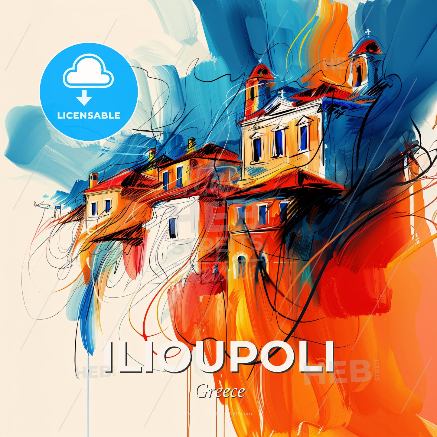 Vibrant Ilioupoli, Greece - A Painting Of Buildings With Colorful Paint - Square format print template