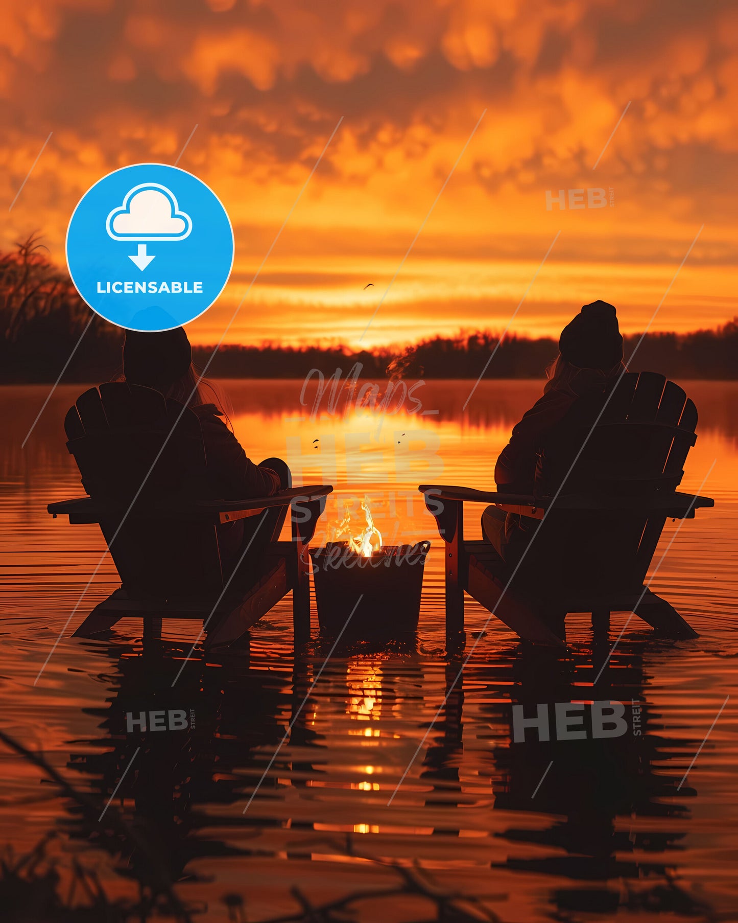 Vibrant Artistic Lake Painting Featuring Two Seated Figures at Sunset, Illinois